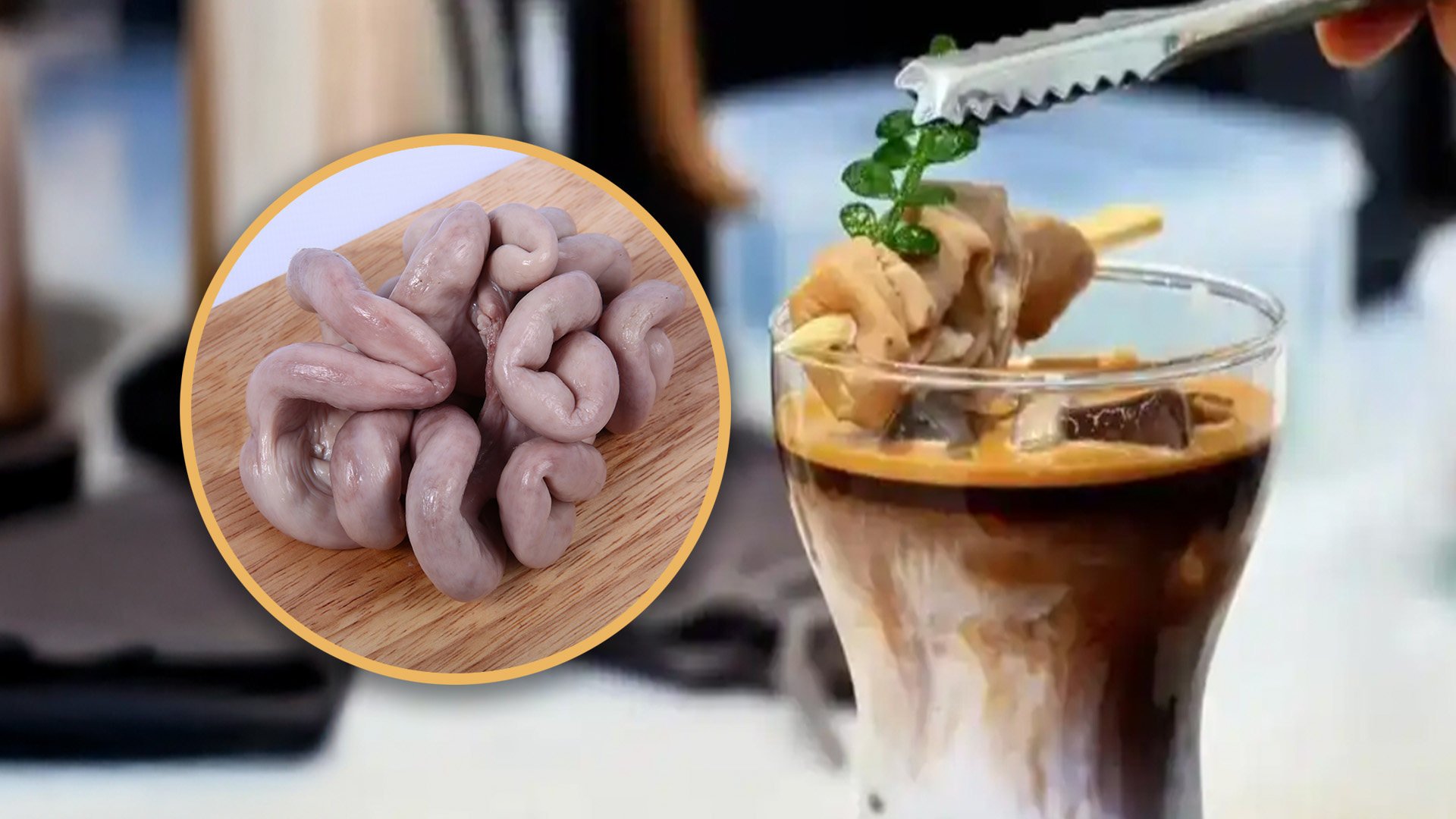 A cafe in China has gone viral for selling coffee laced with cooked pig intestine. Photo: SCMP composite/Shutterstock/Baidu