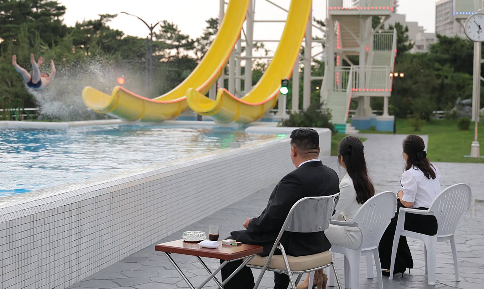 North Korean leader Kim and his family watch a demonstration during their visit to the Wonsan-Kalma coastal tourist area on Tuesday. Photo: KCNA/AFP North Korean leader Kim and his family watch a demonstration during their visit to the Wonsan-Kalma coastal tourist area on Tuesday. Photo: KCNA/AFP