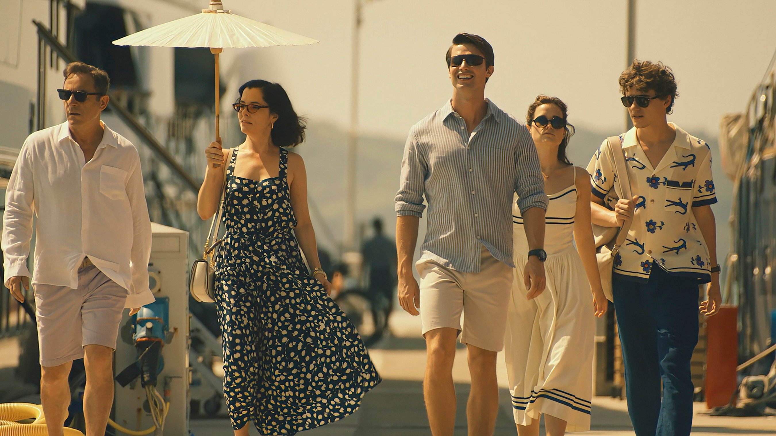 (From left) Jason Isaacs, Parker Posey, Patrick Schwarzenegger, Sarah Catherine Hook and Sam Nivola in a still from Season 3 of The White Lotus, streaming on HBO Max. Photo: TNS