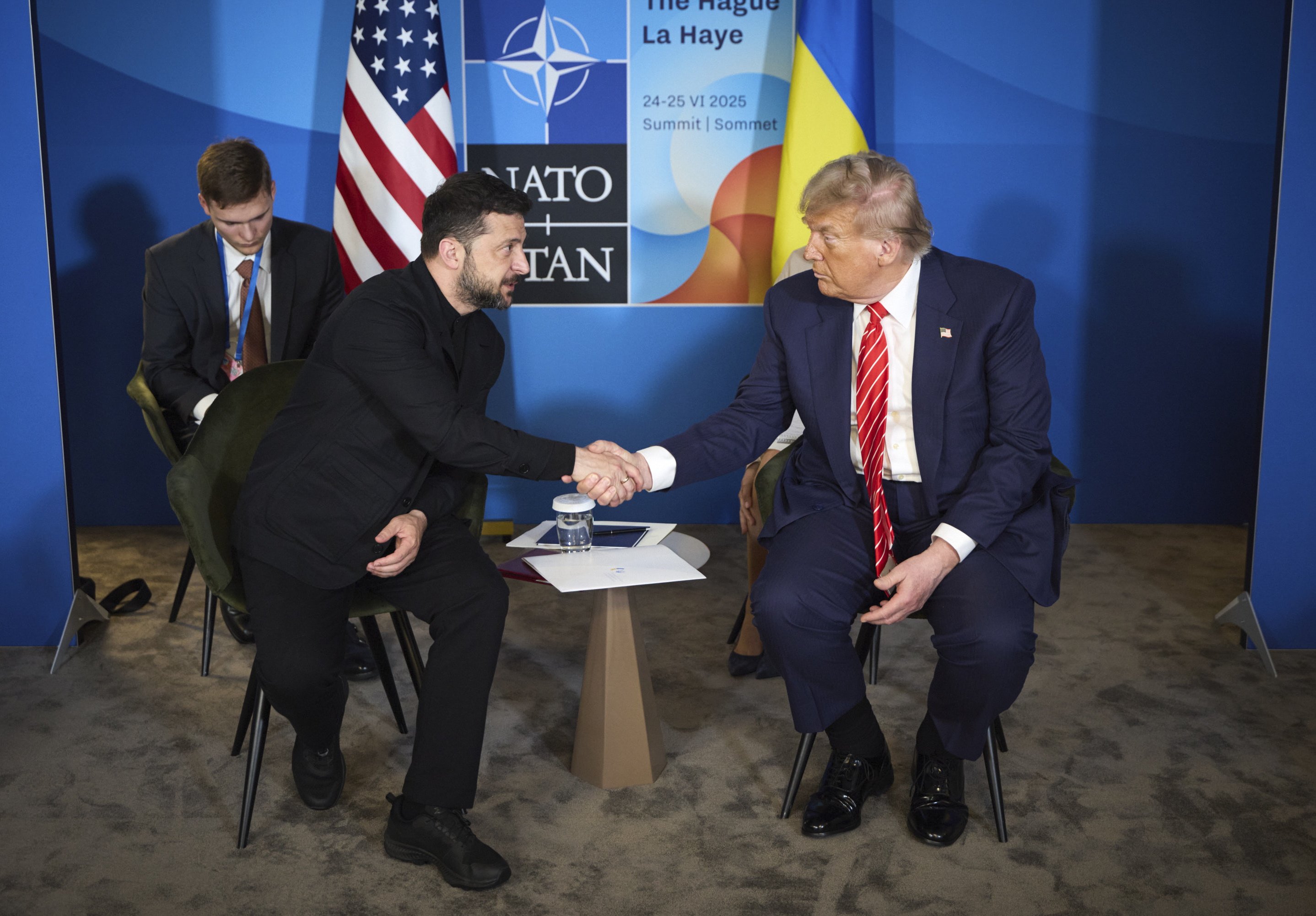 Ukrainian President Volodymyr Zelensky (left) and US President Donald Trump shake hands during a meeting on the sidelines of the Nato summit in The Hague on Wednesday. Photo: Ukrainian Presidential Services via EPA