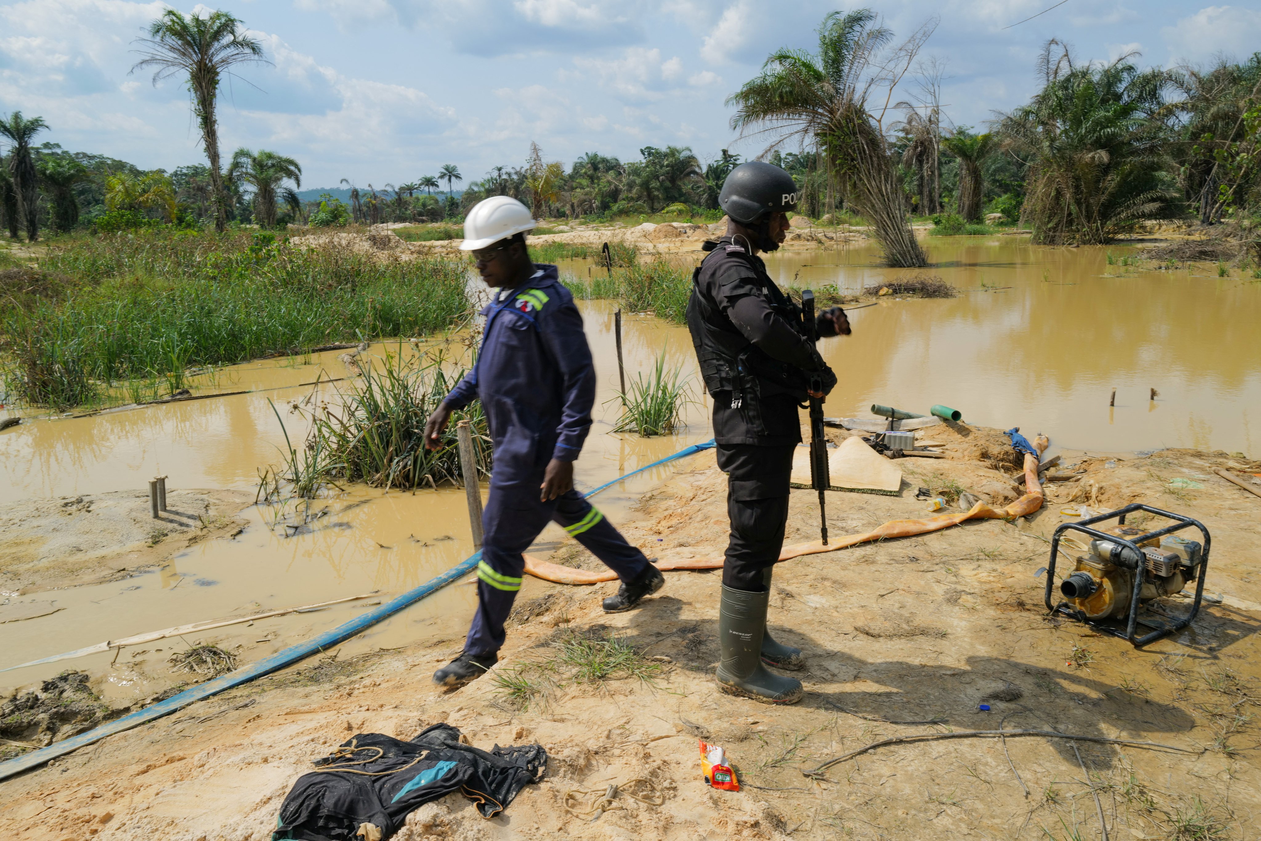 Anti-illegal mining taskforce personnel respond to a concession breach at the Gold Fields Mine in Tarkwa, Ghana, in April. Photo: Reuters