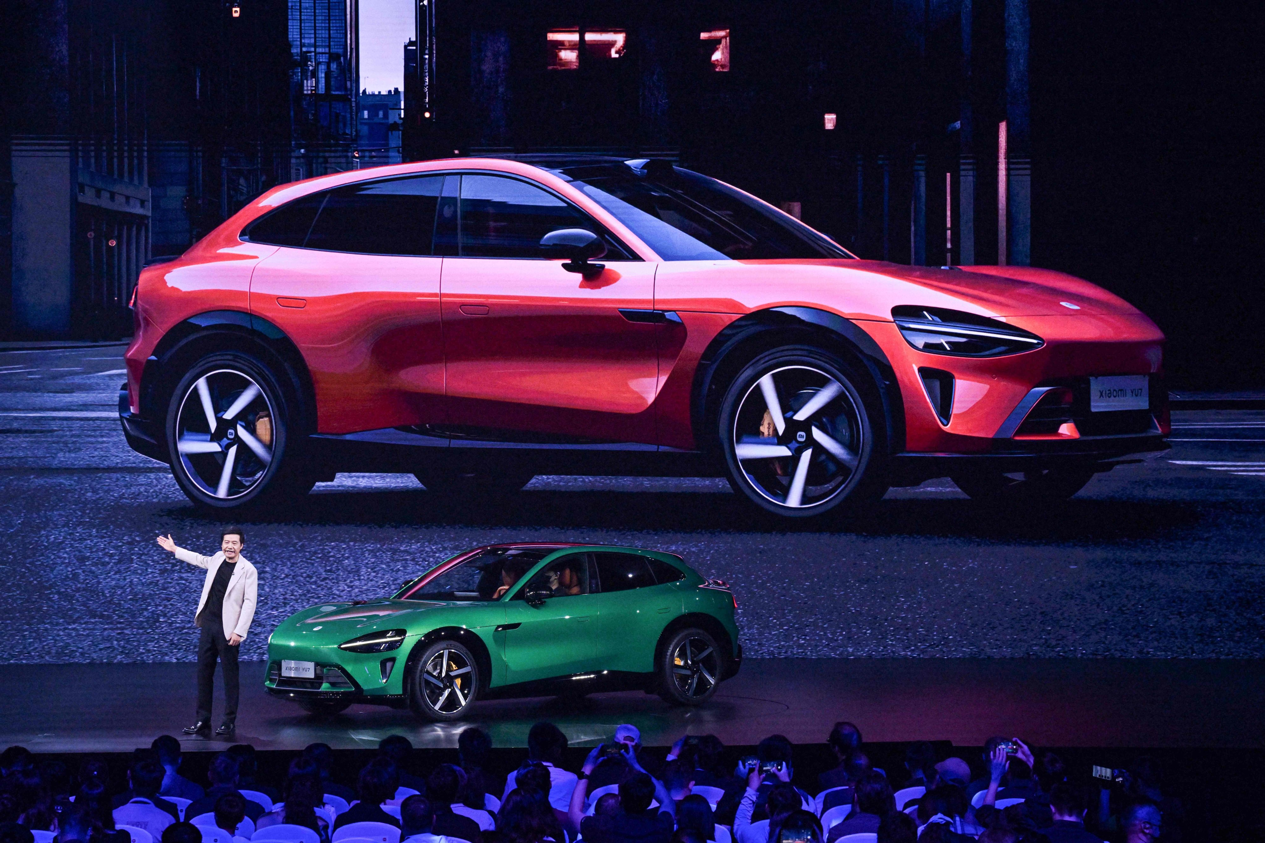 Xiaomi co-founder and CEO Lei Jun speaks at the launch of the  YU7 SUV car in Beijing on May 22. Photo: AFP