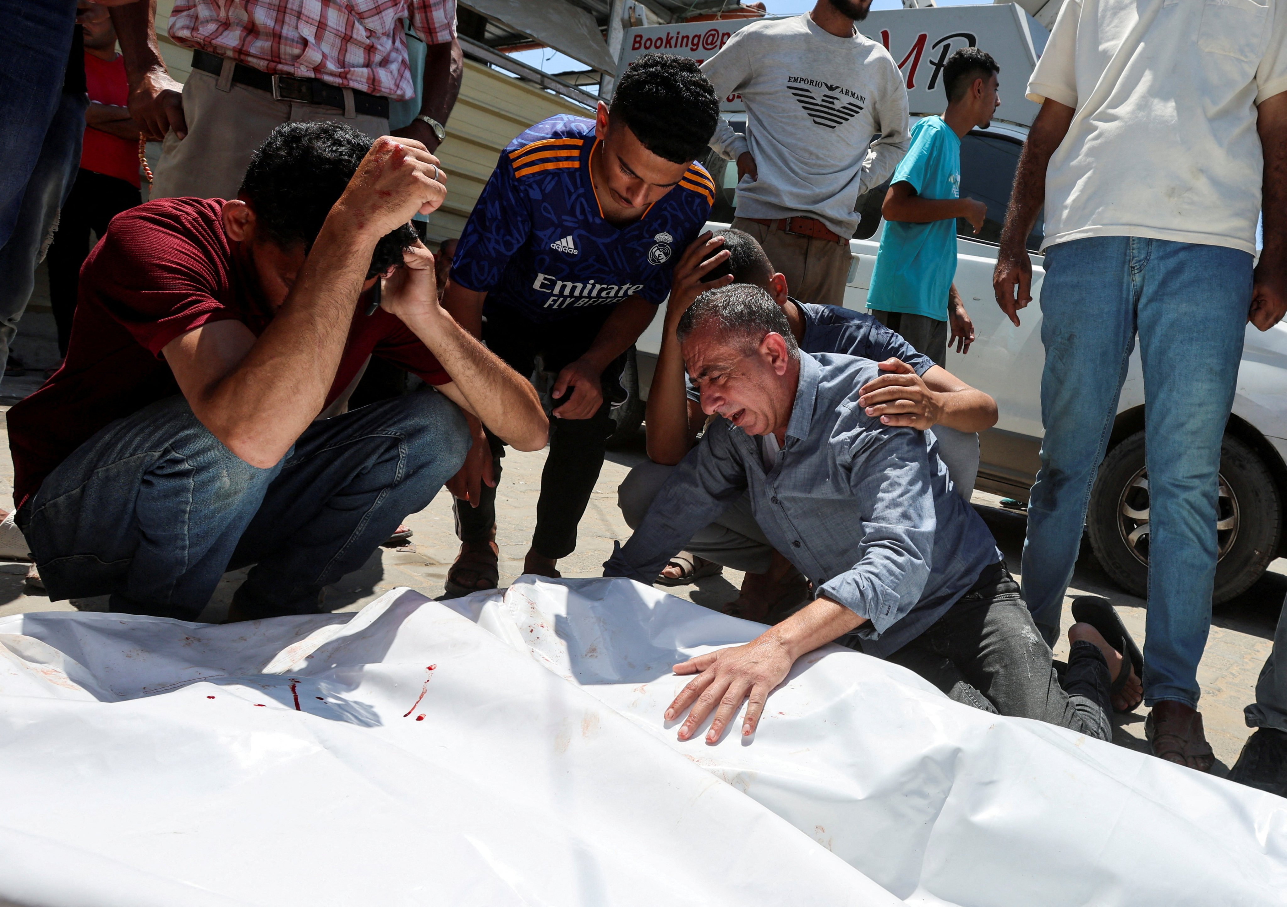 Mourners at a funeral of Palestinians who, according to the Gaza Health Ministry, were killed in an Israeli strike in Deir al-Balah, central Gaza Strip. Photo: Reuters