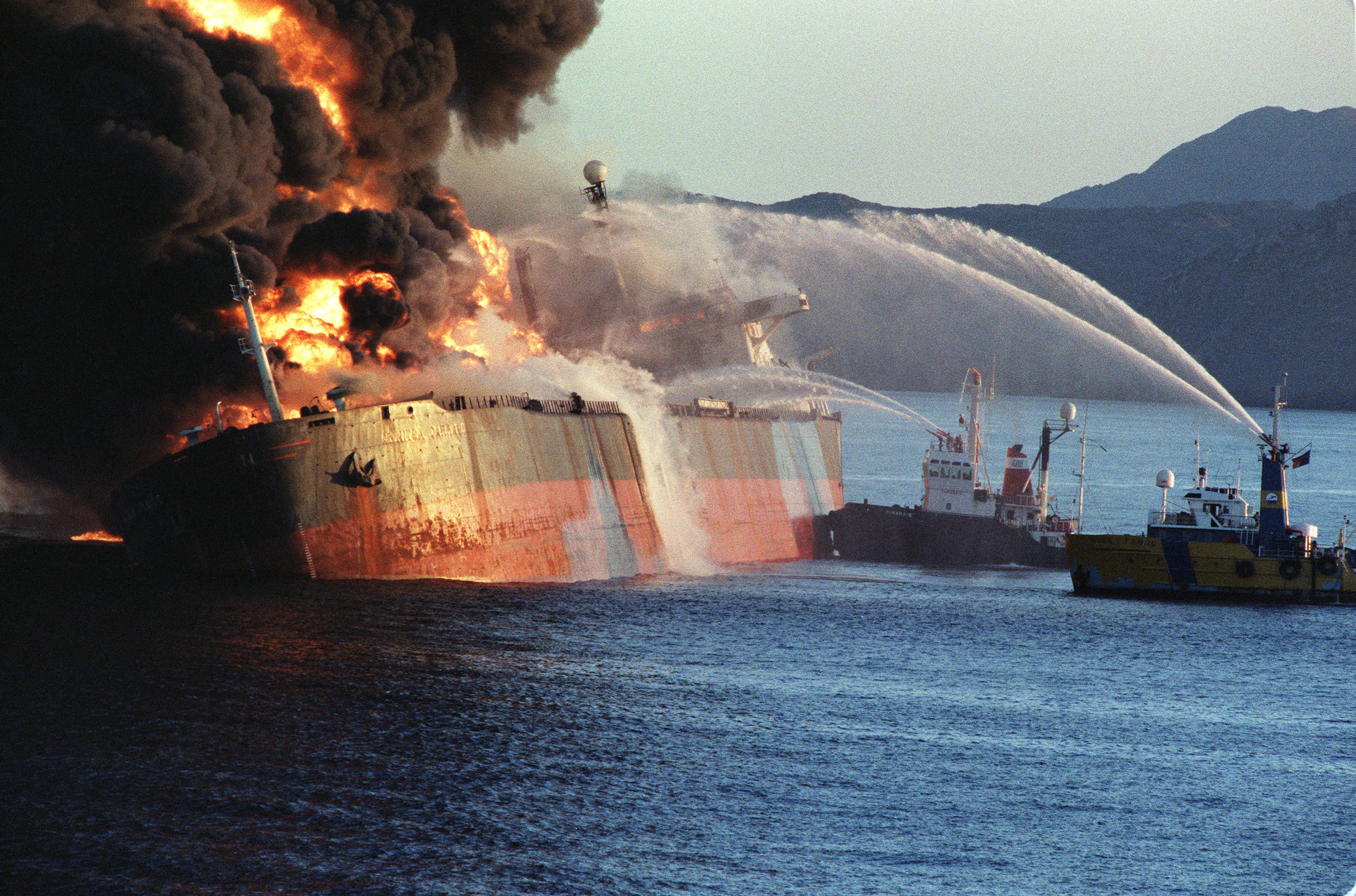 A tanker is seen ablaze in 1987 after being attacked by an Iranian warship as it approached the Strait of Hormuz. Photo: AFP