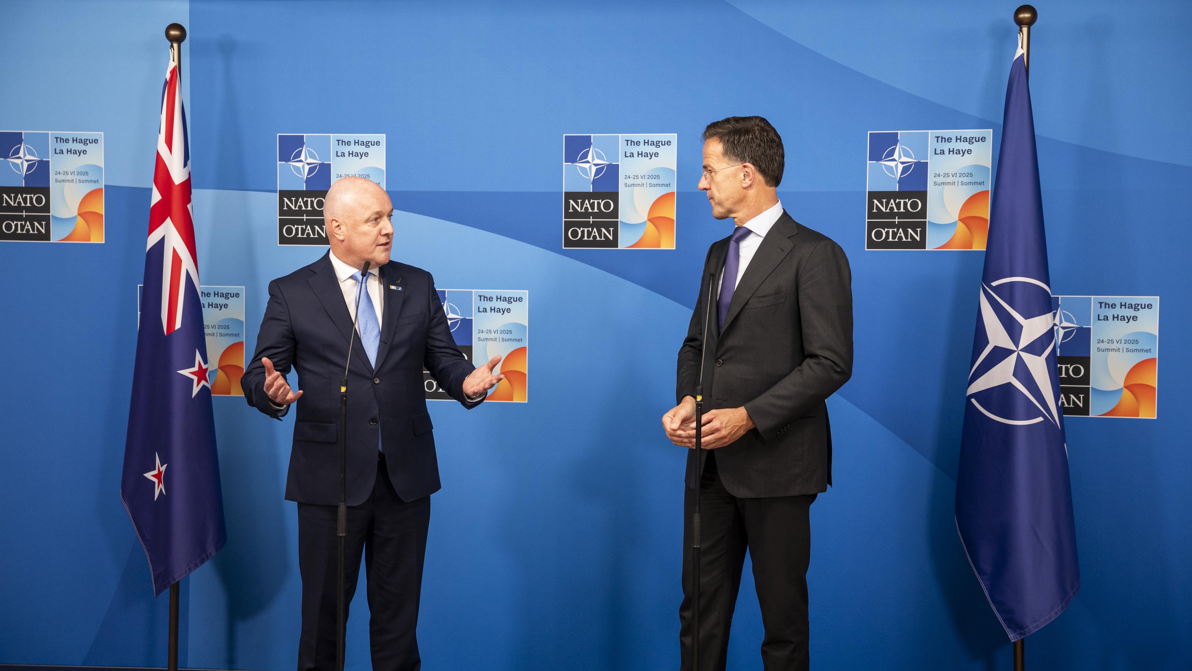 New Zealand Prime Minister Christopher Luxon (left) and Nato Secretary General Mark Rutte attend a summit press briefing in the Netherlands, on Tuesday. The absence of other Indo-Pacific leaders in the region signaled anxiety about waning US commitment to the region, experts say. Photo: EPA