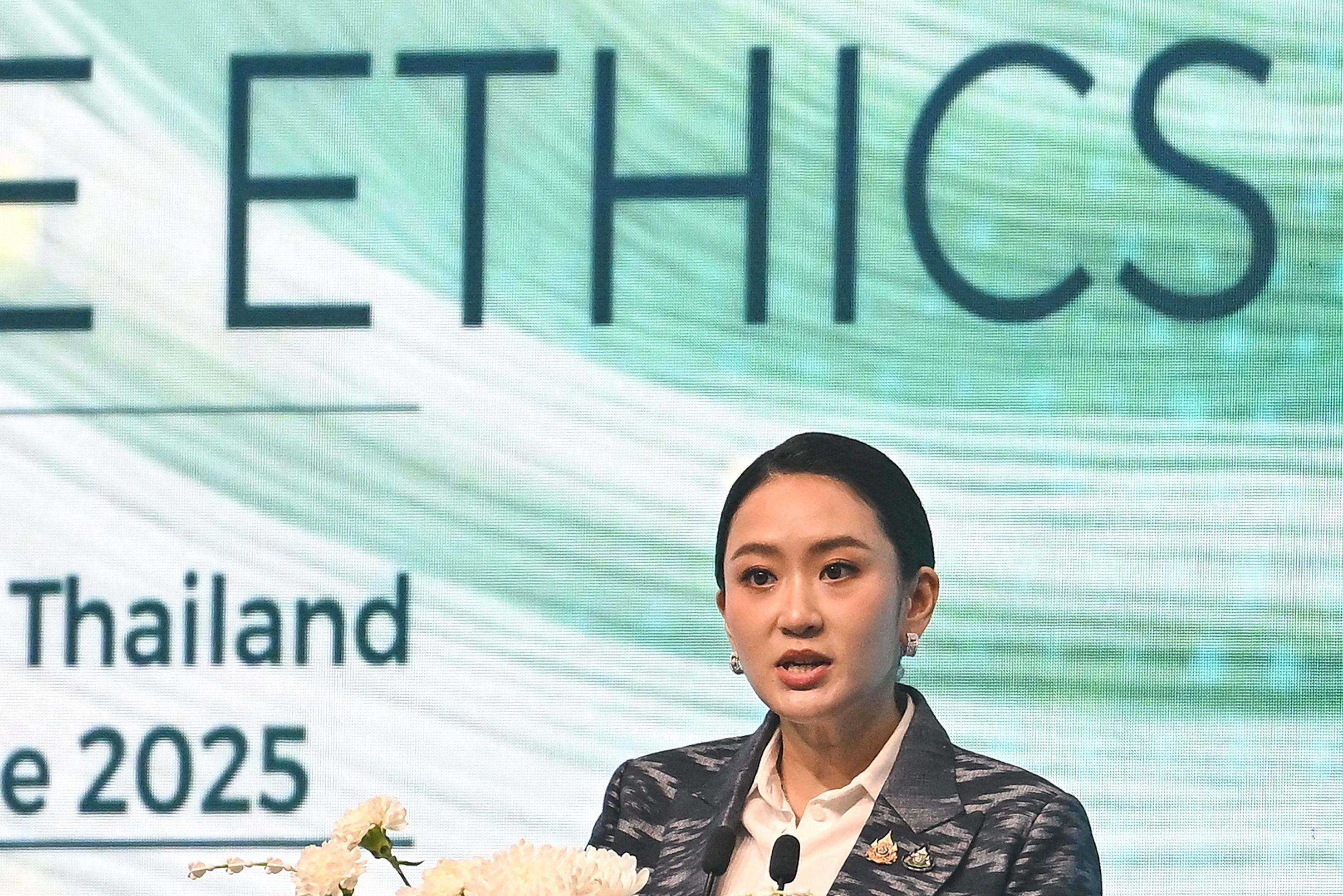 Thailand Prime Minister Paetongtarn Shinawatra delivers opening remarks during the Unesco Global Forum on the Ethics of Artificial Intelligence, in Bangkok on June 25, 2025. Photo: AFP