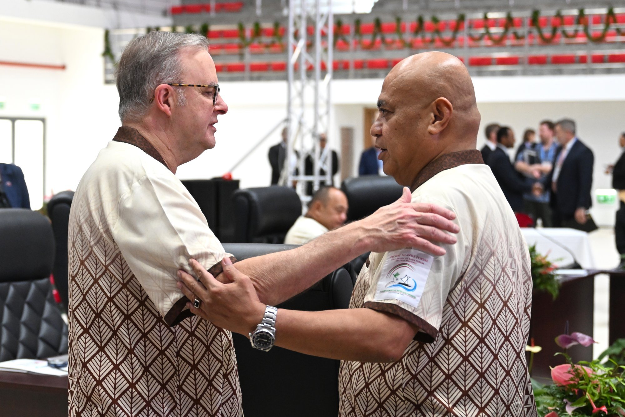 Australian Prime Minister Anthony Albanese with his Tuvaluan counterpart Feleti Teo (right) at the Pacific Islands Forum Leaders’ Meeting in Tonga in August 2024. Australia and Tuvalu signed a landmark climate pact in 2023. Photo: EPA-EFE Australian Prime Minister Anthony Albanese with his Tuvaluan counterpart Feleti Teo (right) at the Pacific Islands Forum Leaders’ Meeting in Tonga in August 2024. Australia and Tuvalu signed a landmark climate pact in 2023. Photo: EPA-EFE