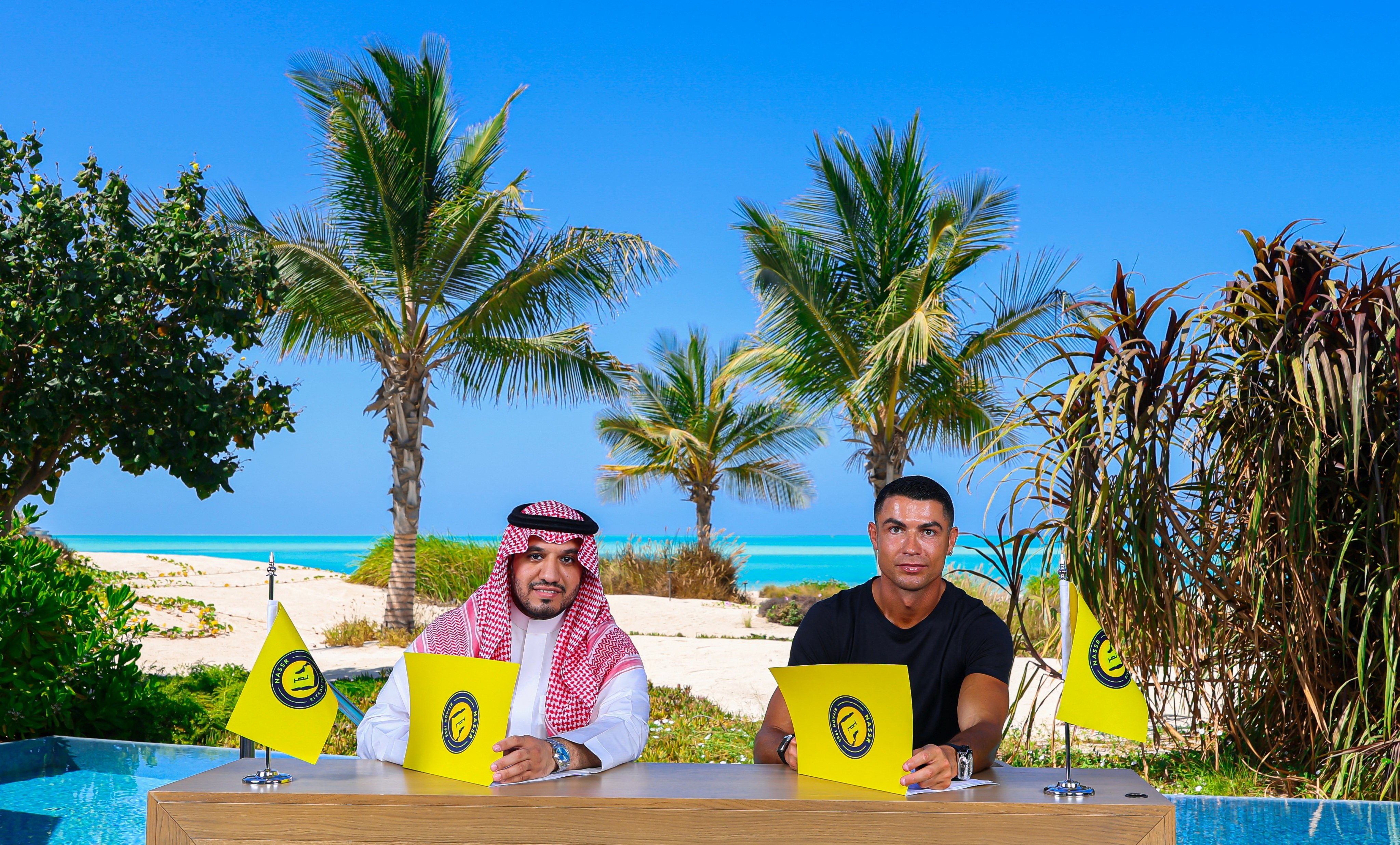 Cristiano Ronaldo with Al-Nassr chairman, Abdullah Almajeed, after signing a two-year contract extension with the Saudi Arabian club. Photo: Reuters