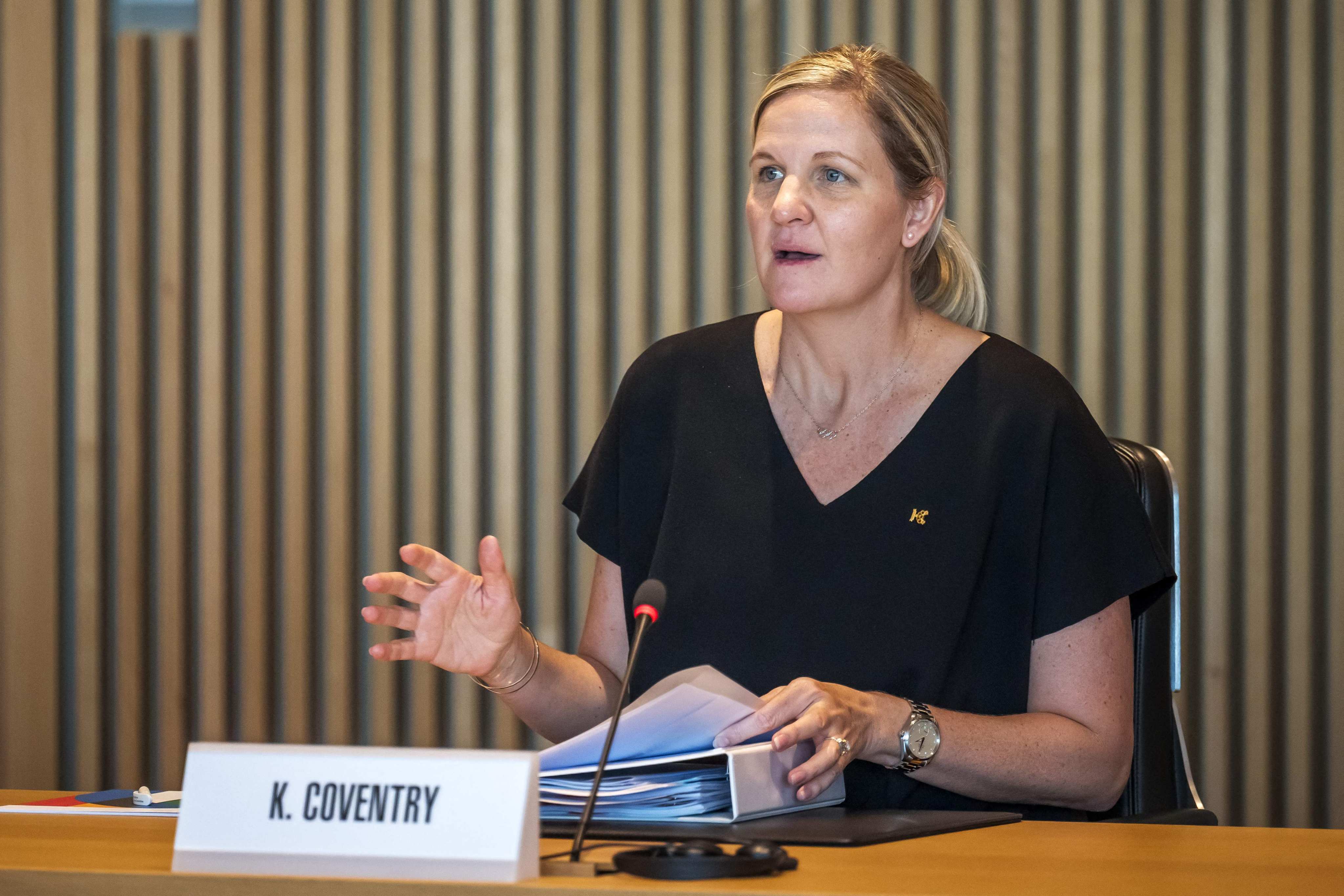 President of the International Olympic Committee Kirsty Coventry holds her first meeting of the executive commission at Olympic House in Lausanne. Photo: AFP
