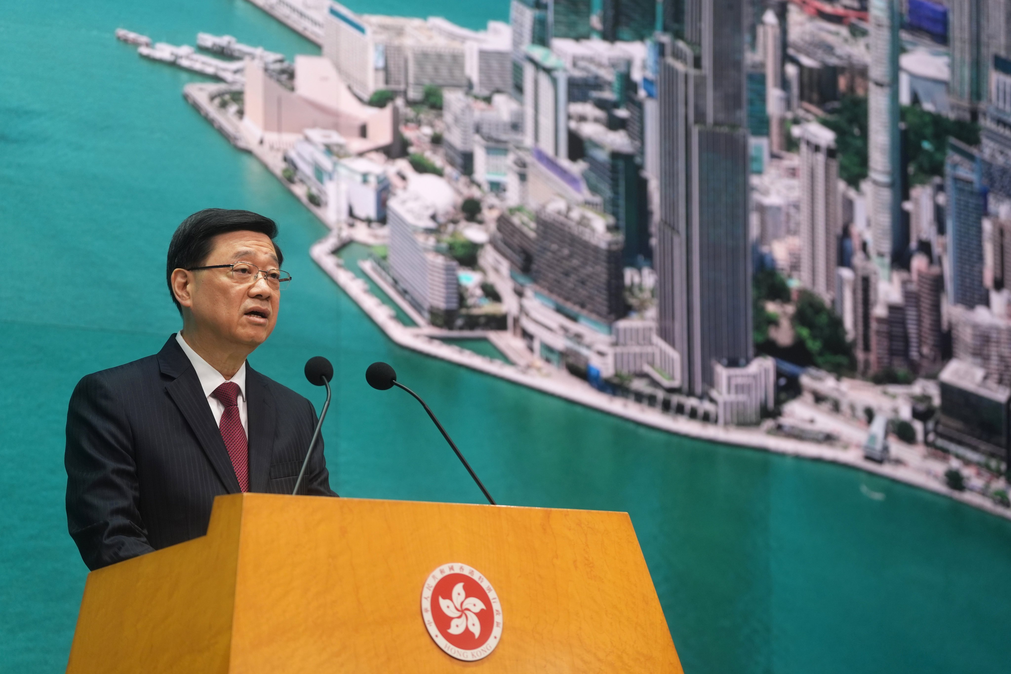 Hong Kong Chief Executive John Lee LEE Ka-chiu meets the press at Central Government Offices on June 24. Photo: Elson Li