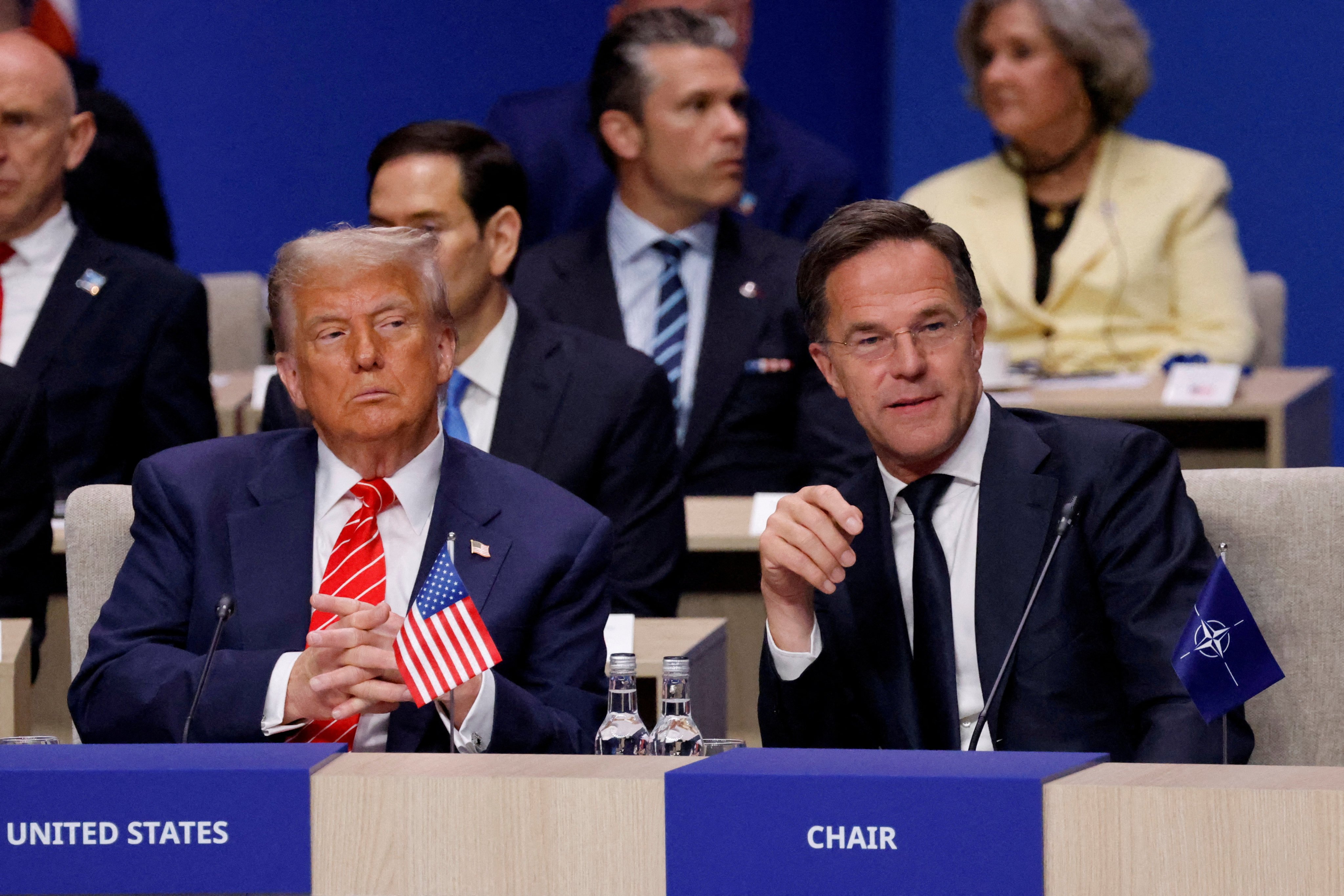 US President Donald Trump and Nato Secretary General Mark Rutte attend the start of a NATO leaders summit in The Hague, Netherlands, on Wednesday. Photo: Pool vis Reuters