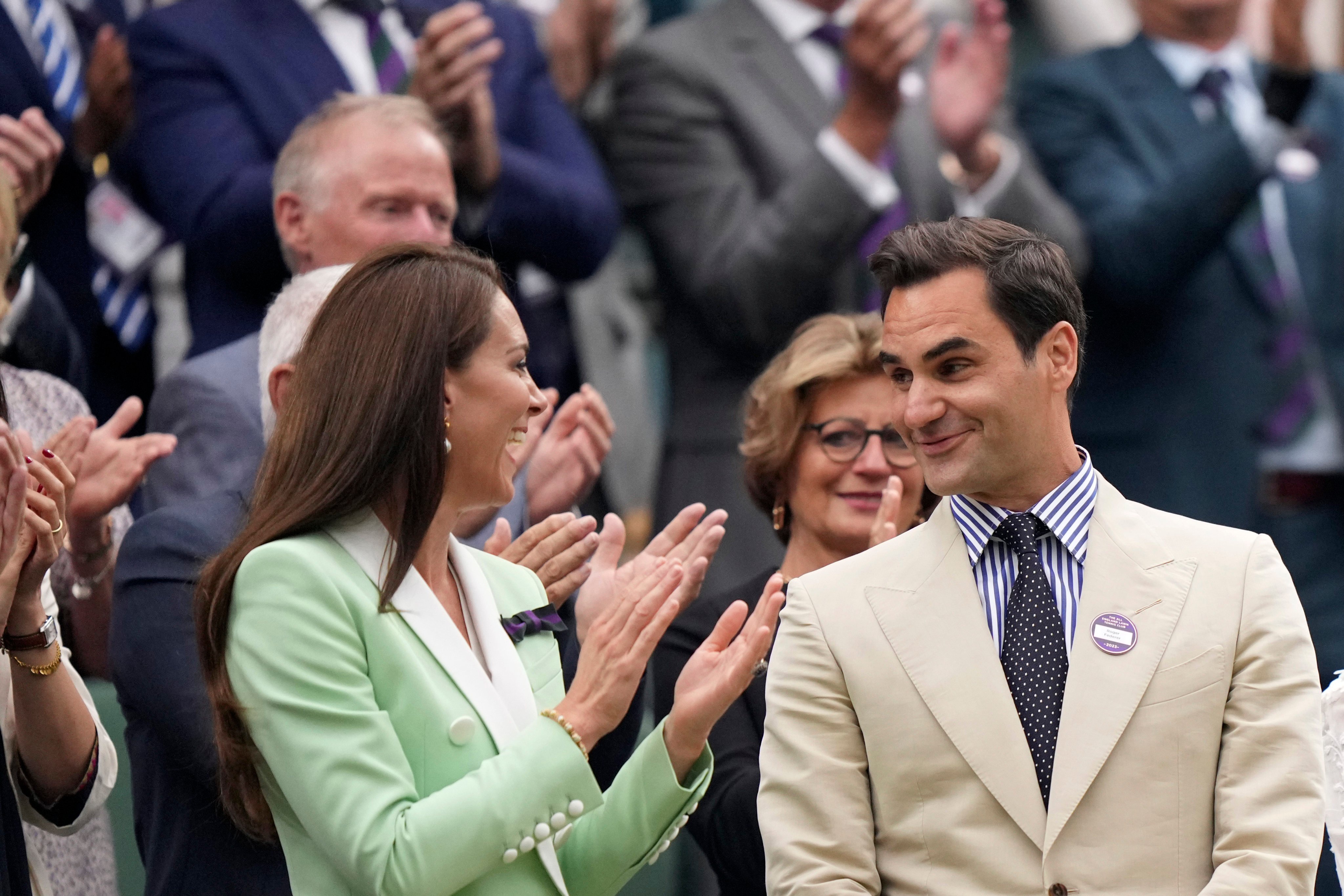 Roger Federer, the most successful male player at Wimbledon, in the Royal Box with the Princess of Wales in 2023. Photo: AP