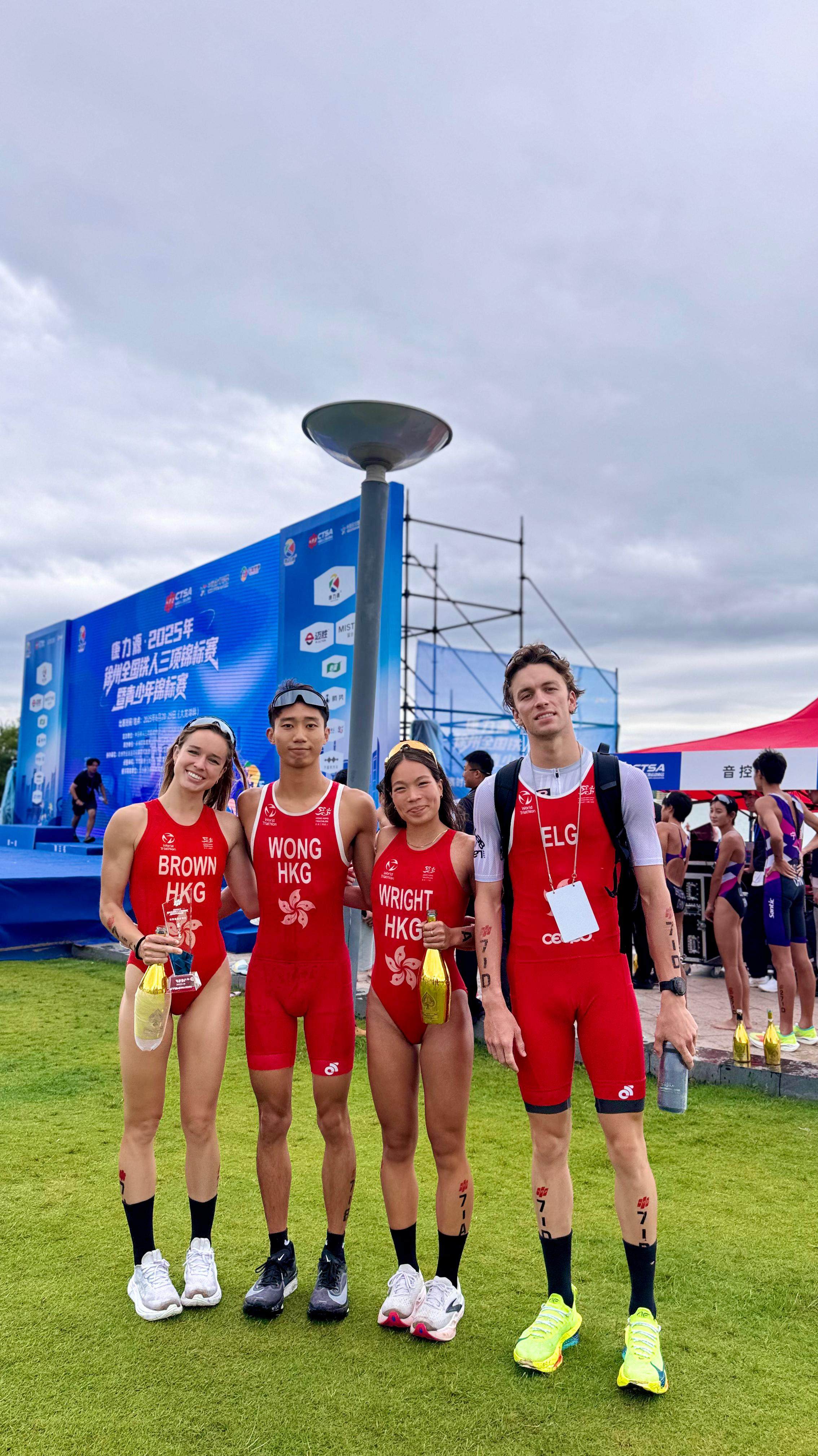 Hong Kong triathletes (from left) Bailee Brown, Wong Tsz-to, Cade Wright and Robin Elg before collecting their silver medals at the China National Triathlon Championships. Photo: HKTA