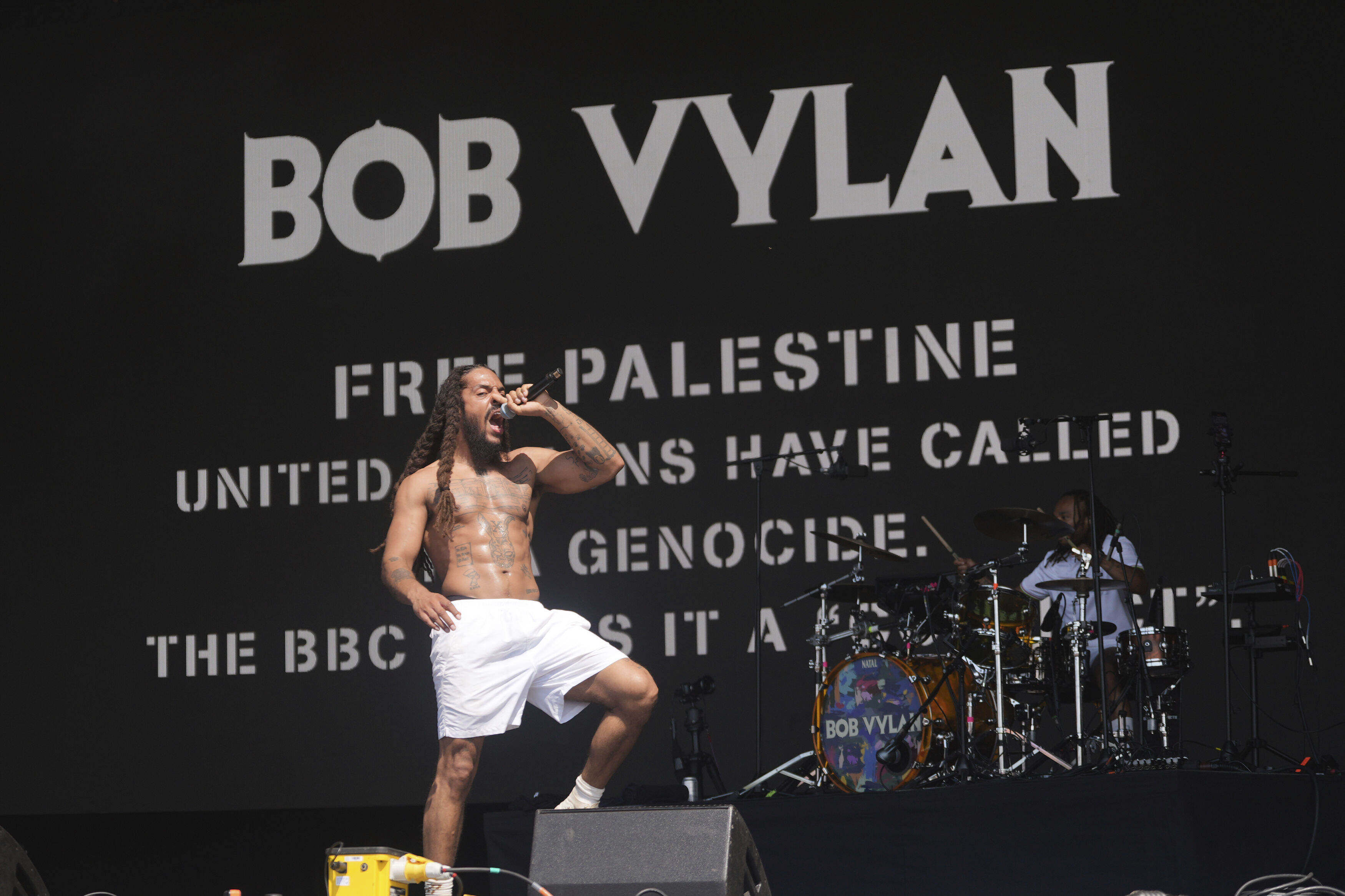 Bob Vylan perform on the West Holts Stage, during the Glastonbury Festival at Worthy Farm in Somerset, England, on Saturday. Photo: AP