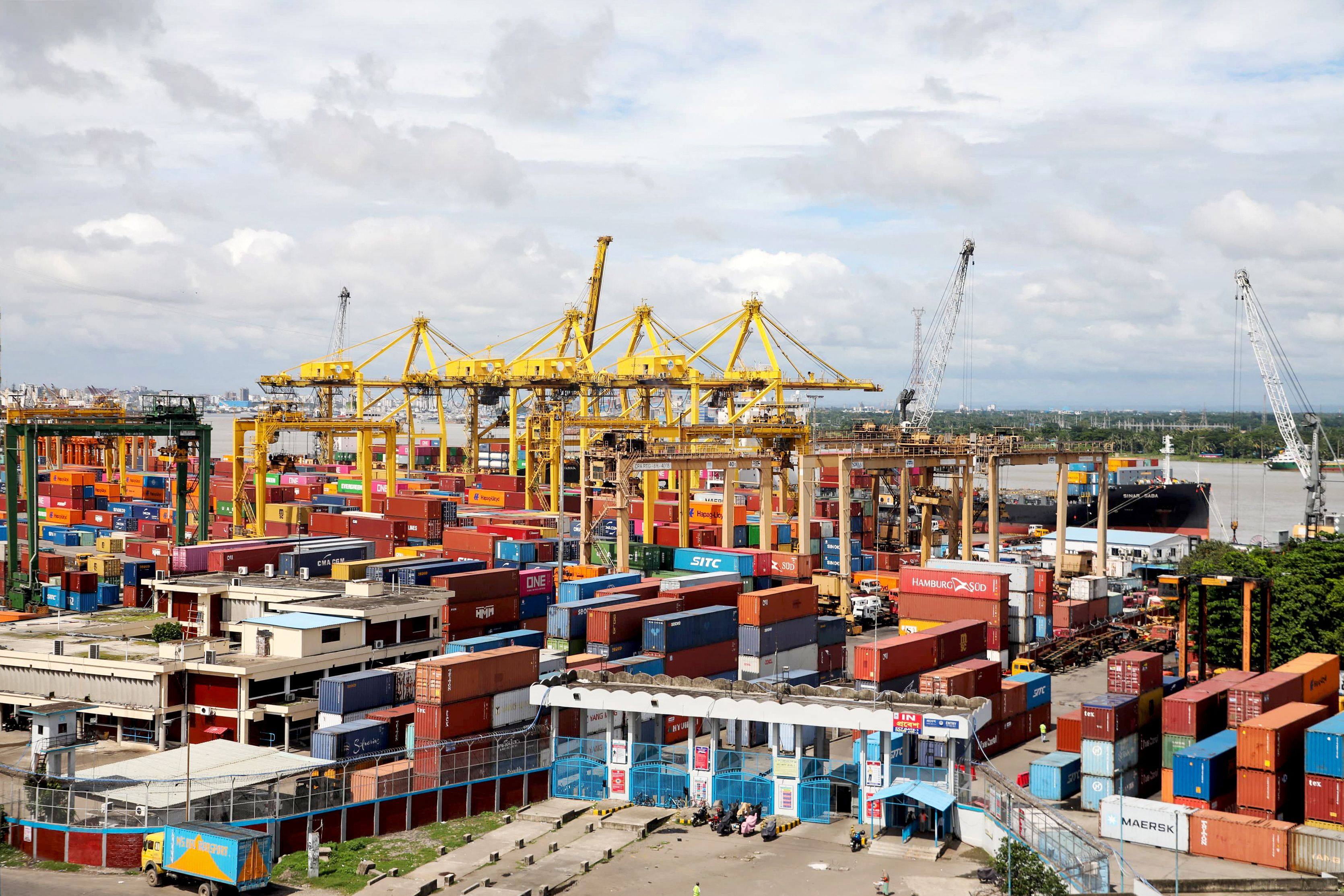 Container cranes lie non-operational at the Chittagong Port in Chittagong, Bangladesh, on Sunday. Photo: AFP