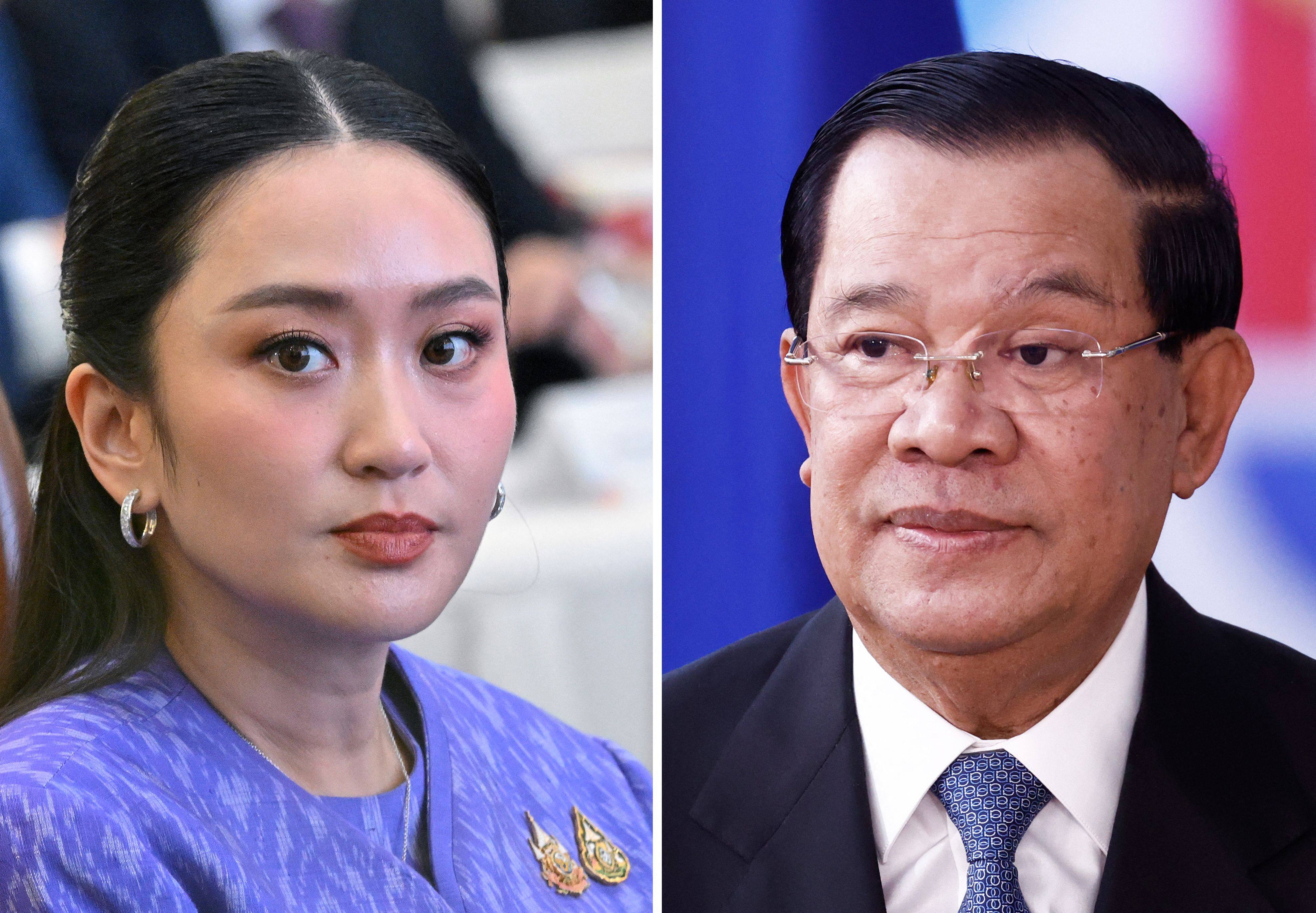 Thailand’s Prime Minister Paetongtarn Shinawatra (left) taking part in a business forum in Hanoi on May 16 and Cambodia’s then-prime minister Hun Sen at the EU-Asean summit on December 14, 2022. Photo: AFP