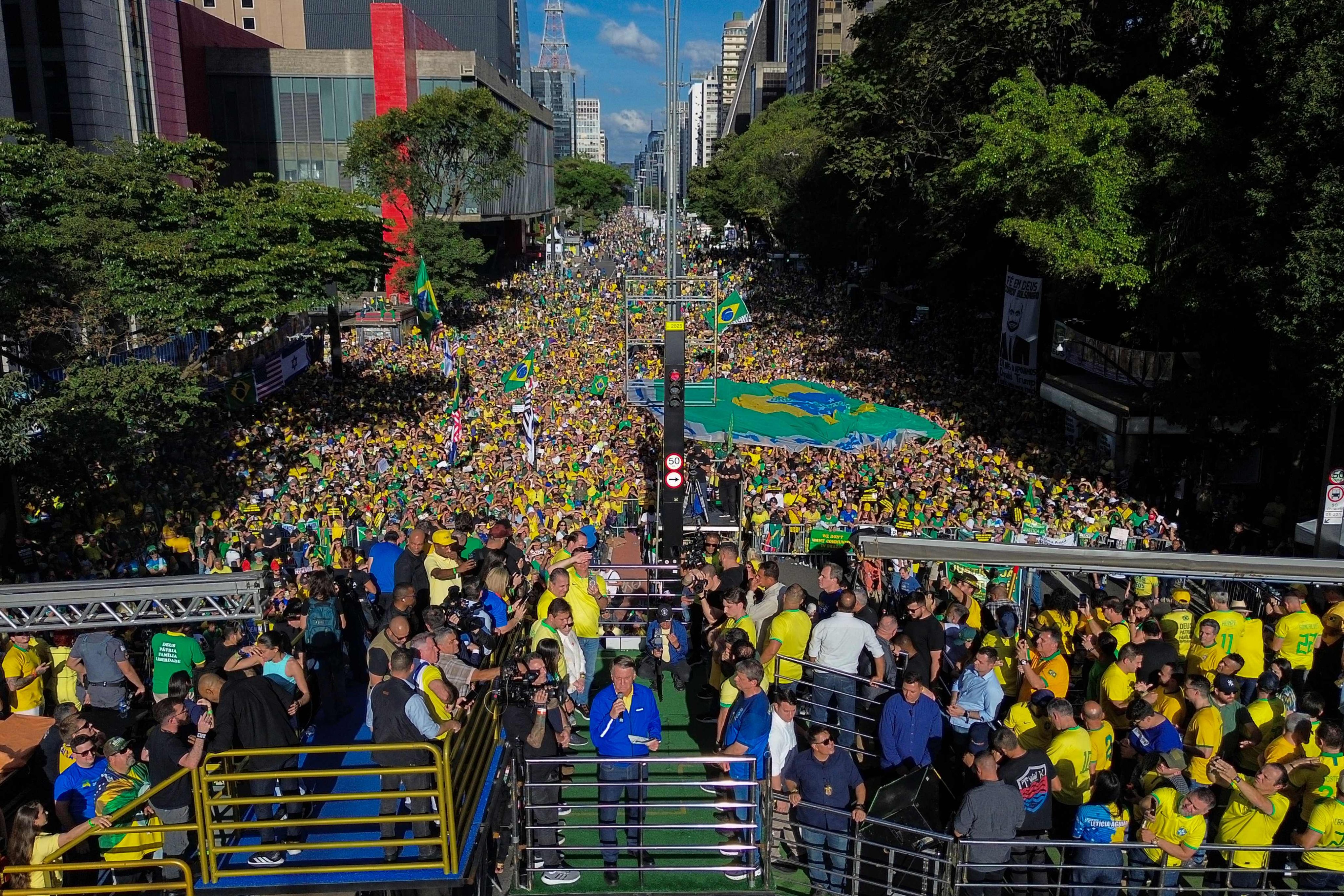 Brazil’s former president Jair Bolsonaro speaks during a rally on Sunday. Photo: AFP