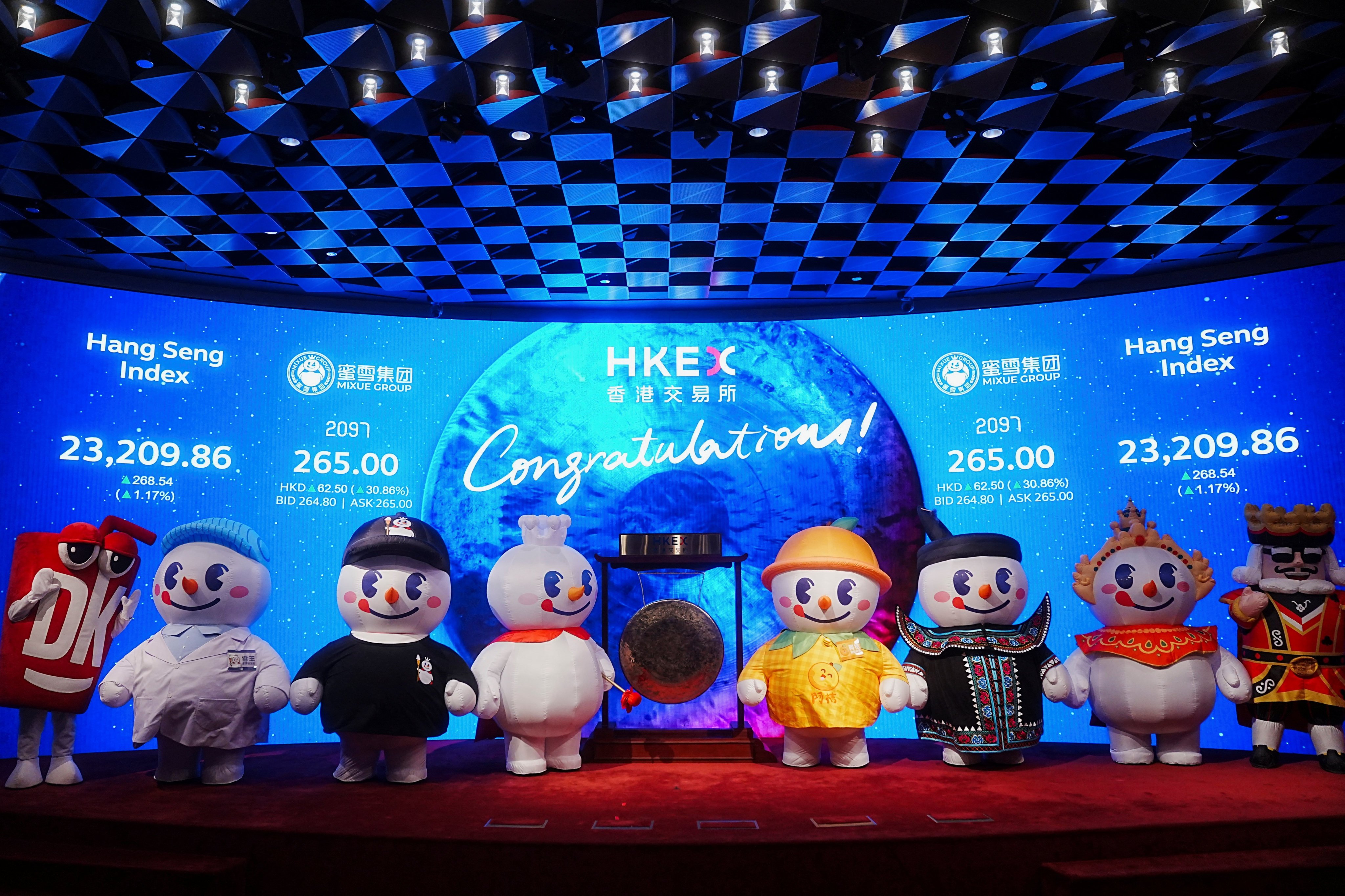 Mascots of the beverages company Mixue Group struck the ceremonial gong to mark the trading debut of the company’s stock at the Hong Kong Stock Exchange on March 3, 2025. Photo: Reuters.