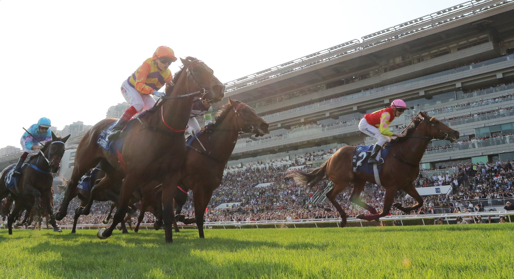Lo Rider (left, blue colours) runs fourth to Cap Ferrat in the Derby.