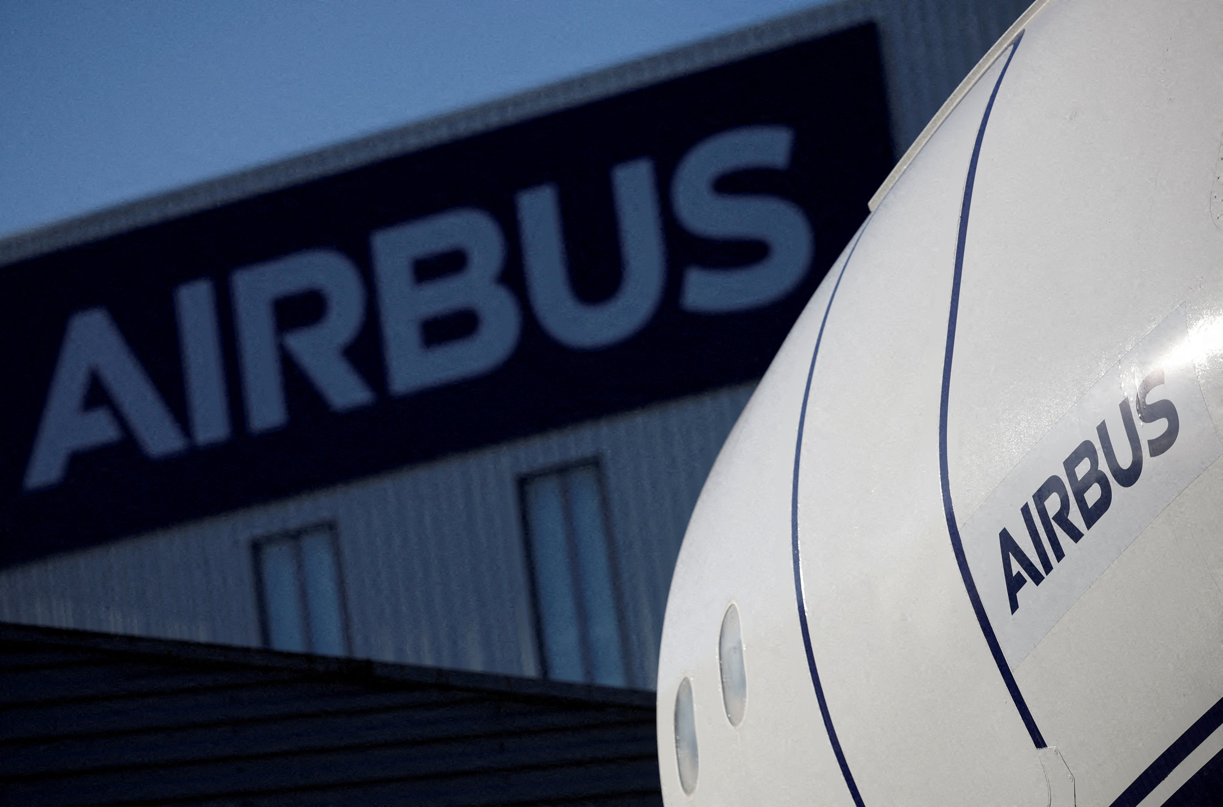 The logo of Airbus is pictured outside the Airbus facility in Saint-Nazaire, France, November 7, 2023. Photo: Reuters / Stephane Mahe / File Photo