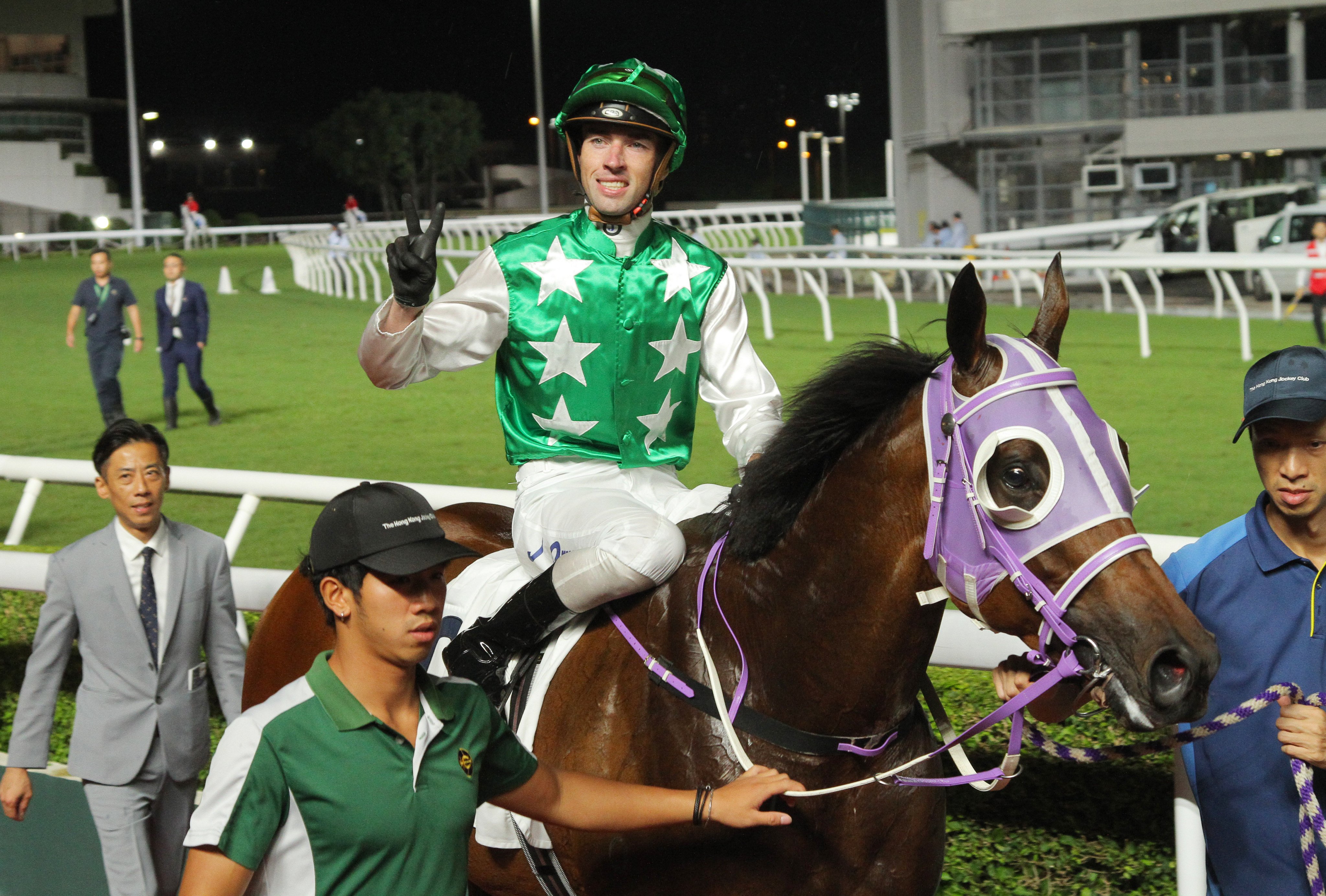 Jockey James Orman enjoys his first Hong Kong double. Photo: Kenneth Chan