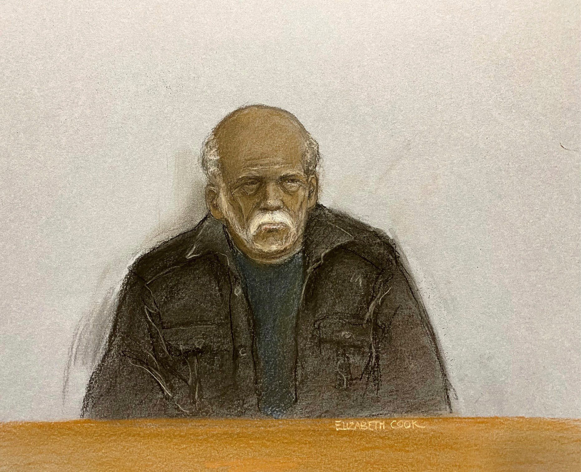 A court artist drawing shows 92-year-old Ryland Headley appearing via video link at Bristol Magistrates’ Court in November. Photo: Elizabeth Cook / PA via AP