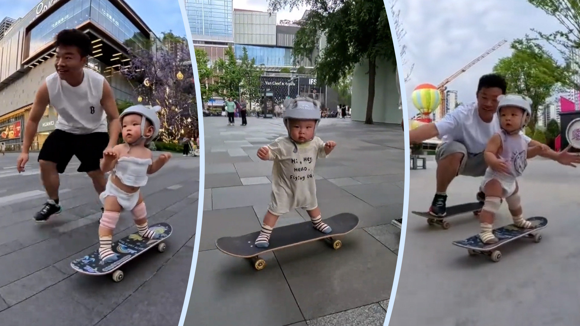 A baby in China has become an online sensation for skateboarding while donning protective headgear and just his nappies. Photo: SCMP composite/Douyin