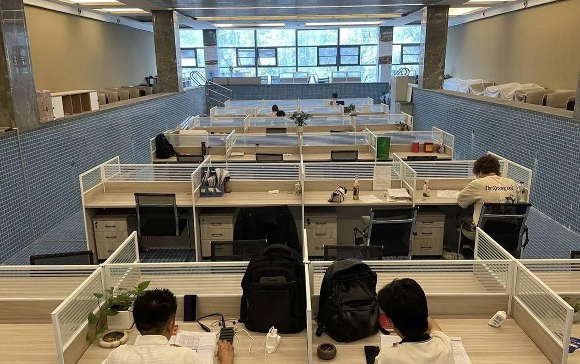 In at the deep end: Electricity in the “pool office” came from sockets installed on the floor. Photo: Handout In at the deep end: Electricity in the “pool office” came from sockets installed on the floor. Photo: Handout