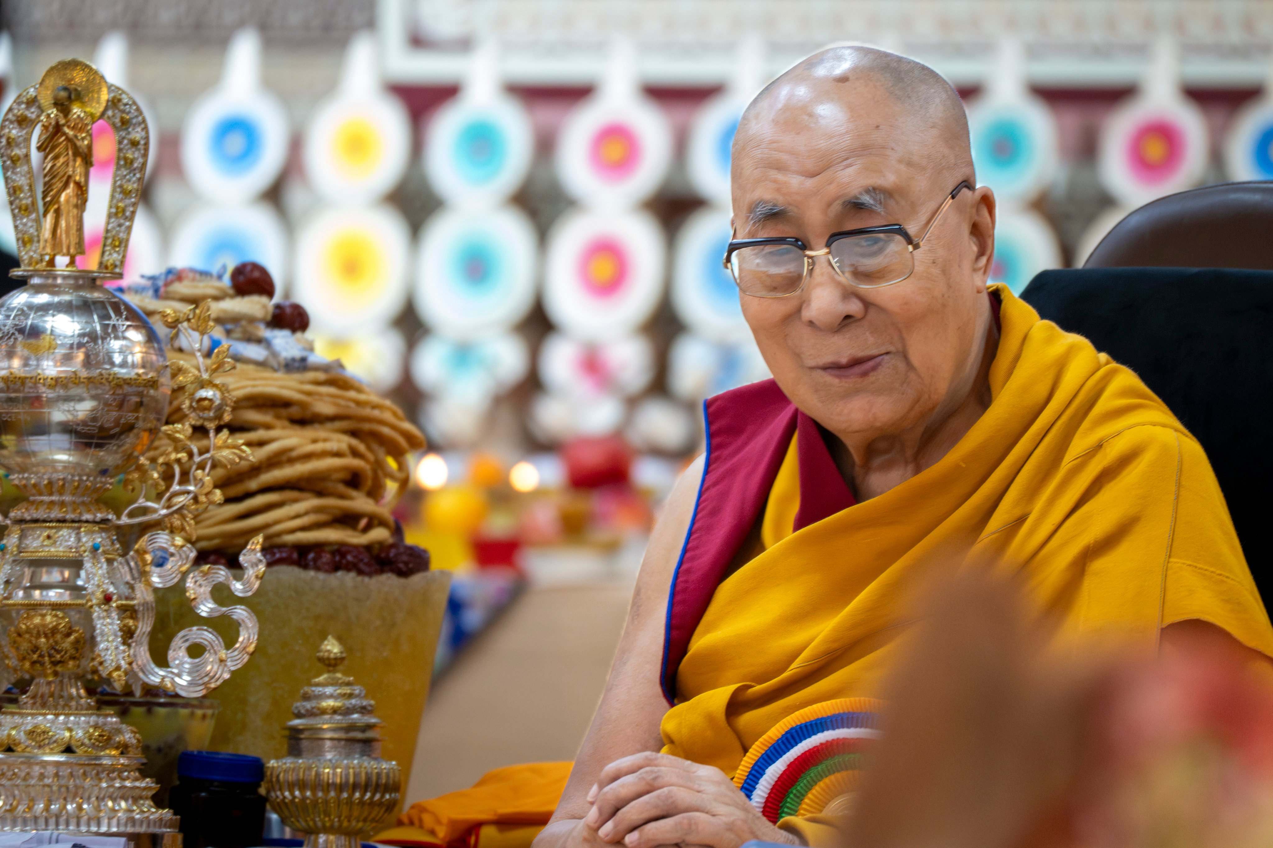 The Dalai Lama at the Tsuglakhang temple in Dharamshala, India, on Monday. Photo: AP