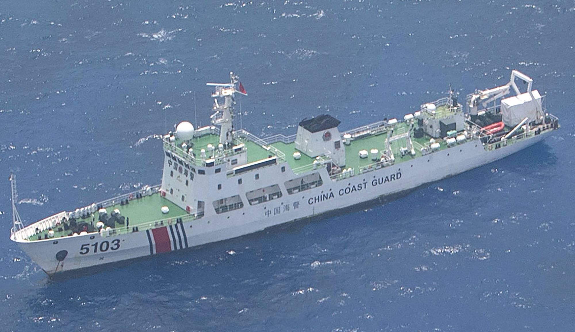 A Chinese coastguard ship near the Philippine-occupied island of Thitu in the disputed South China Sea on June 3. Photo: AFP