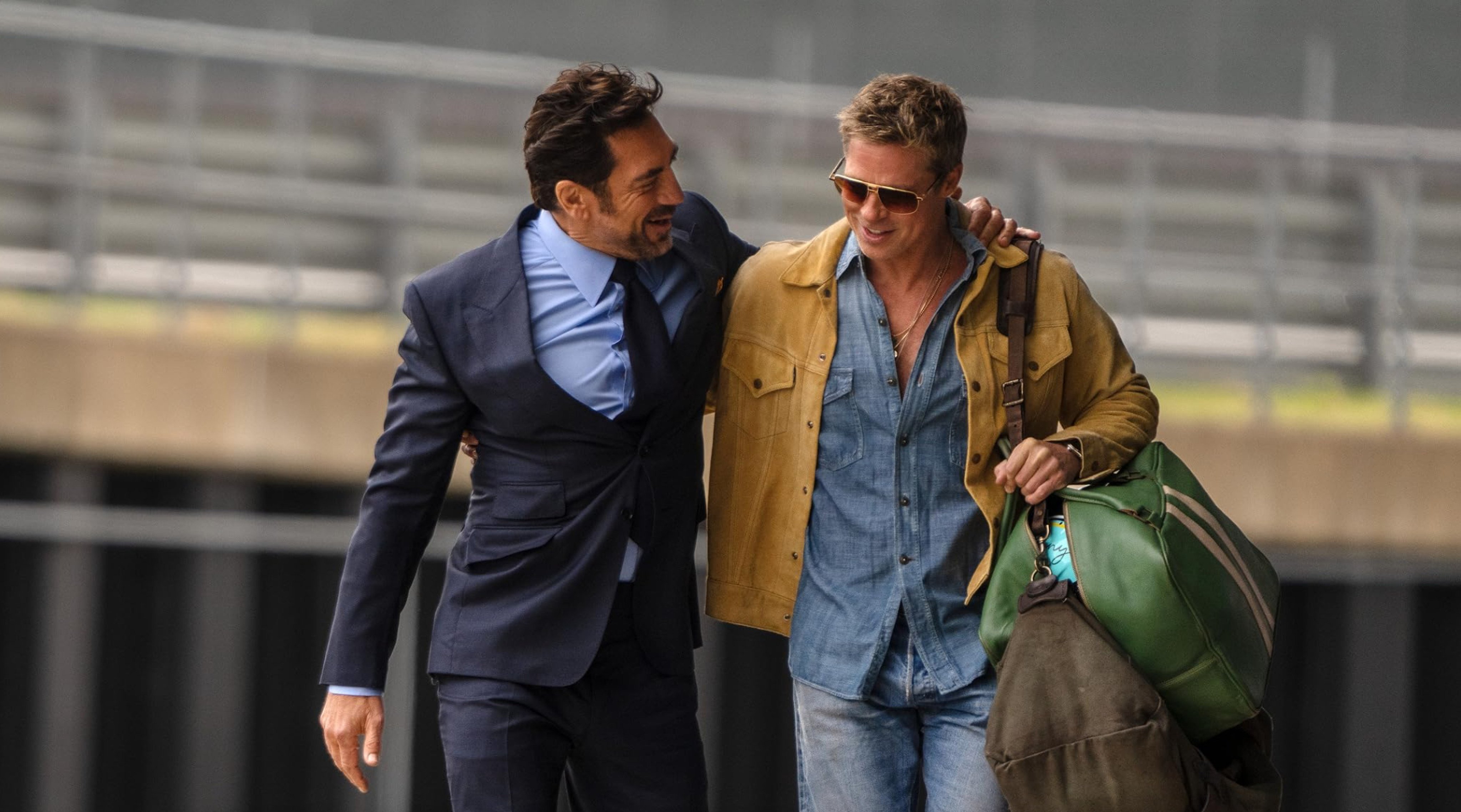 Brad Pitt and Javier Bardem in a still from F1: The Movie. Photo: Dawn Apollo Films