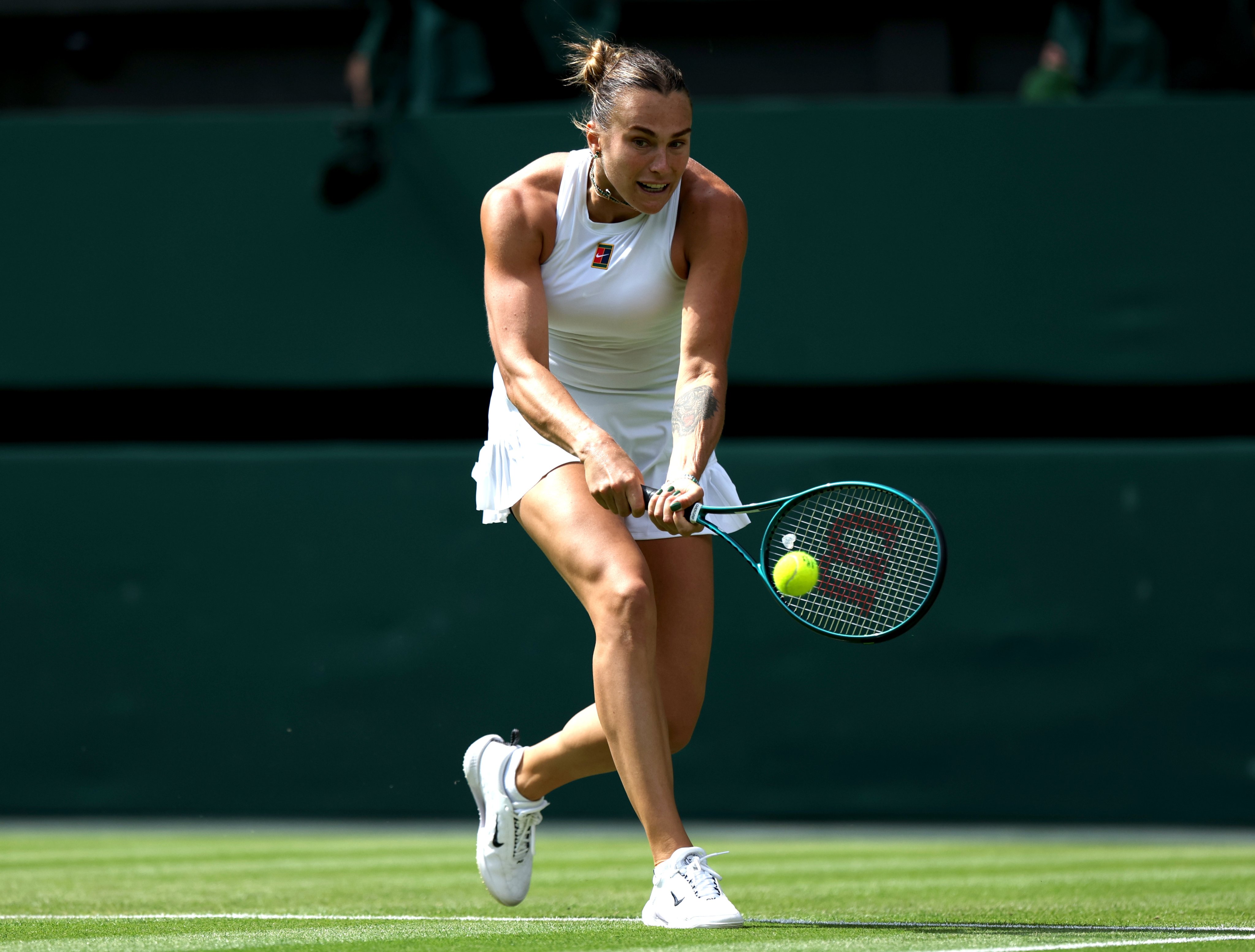 Aryna Sabalenka of Belarus beat Marie Bouzkova of Czech Republic in the second round of Wimbledon on Wednesday. Photo: EPA