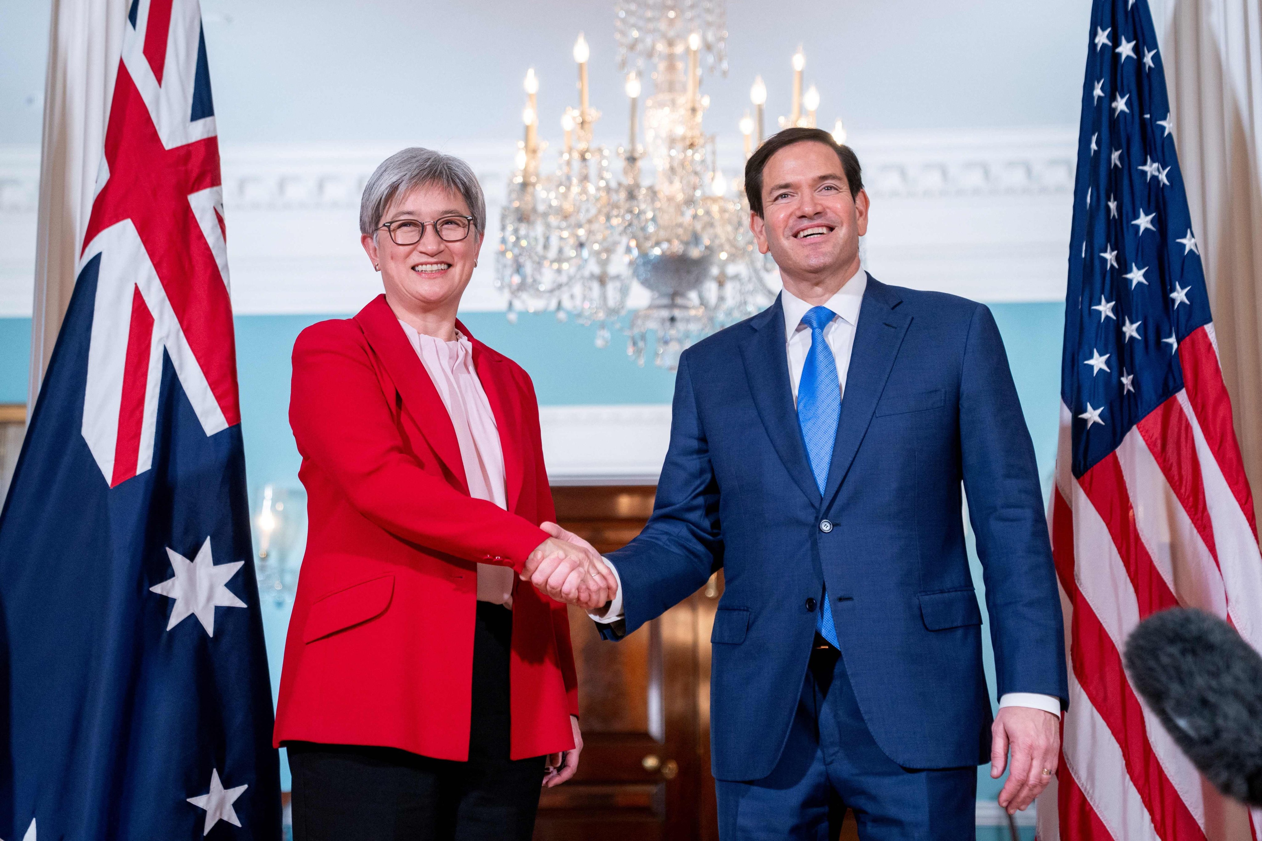 US Secretary of State Marco Rubio shakes hands with Australias Foreign Minister Penny Wong at the State Department in Washington, DC, on Tuesday. Photo: AFP