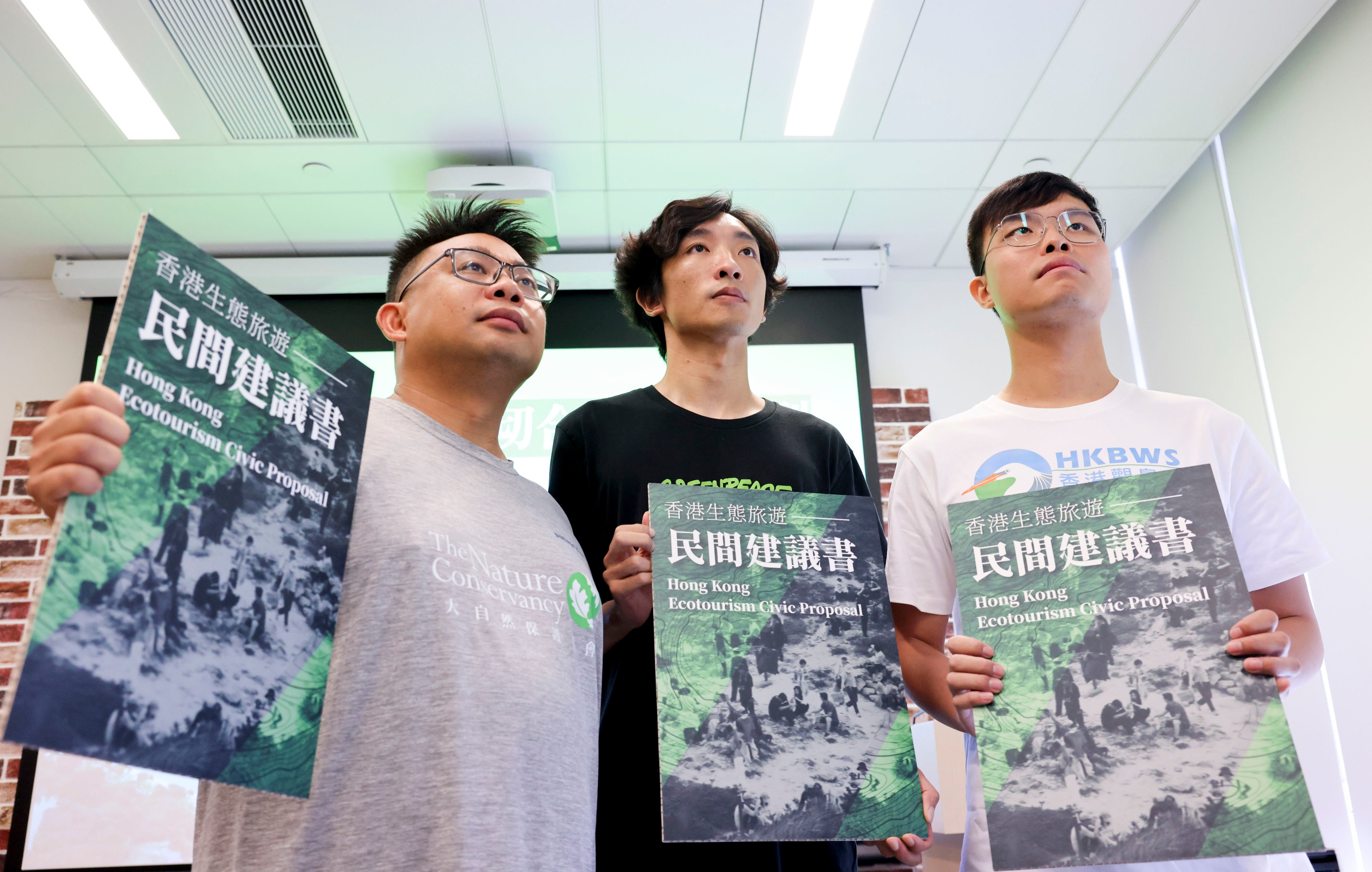 (From left) Tom Chan, community conservation manager with the Nature Conservancy Hong Kong; Ha Shun-kuen, campaigner with Greenpeace; and Anson Tse, research officer with Hong Kong Bird Watching Society. Photo: Nora Tam