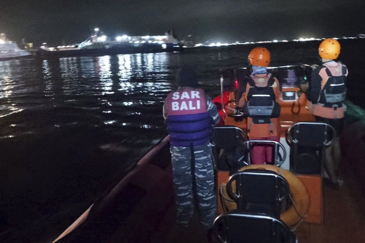 Rescuers search for victims after a ferry sank in the Bali Strait on Thursday. Photo: Basarnas via AP