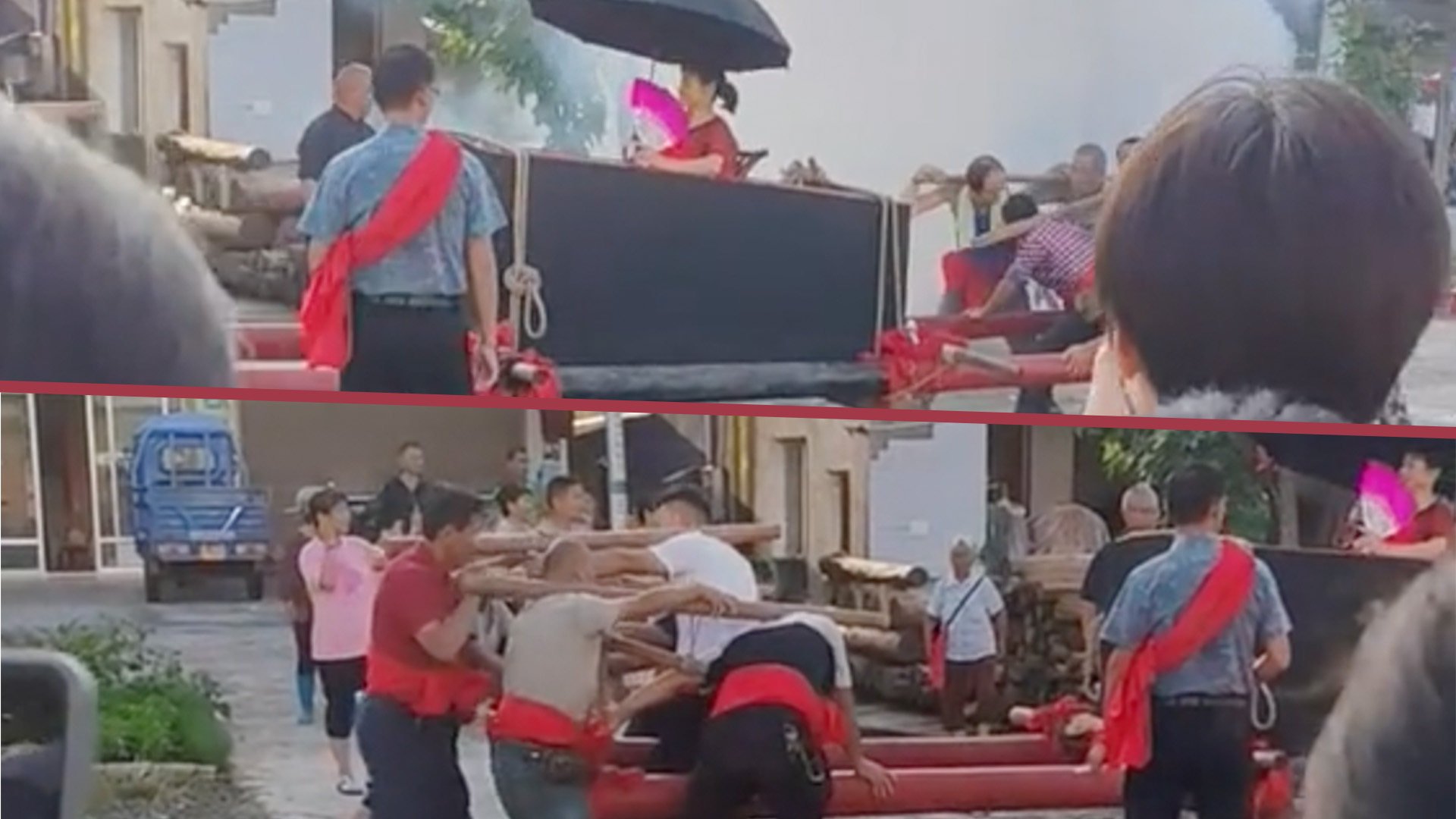 A Chinese man bought a coffin for his elderly mother to sit in at the head of a procession as part of an old rural ritual to demonstrate filial piety. Photo: SCMP composite/Douyin
