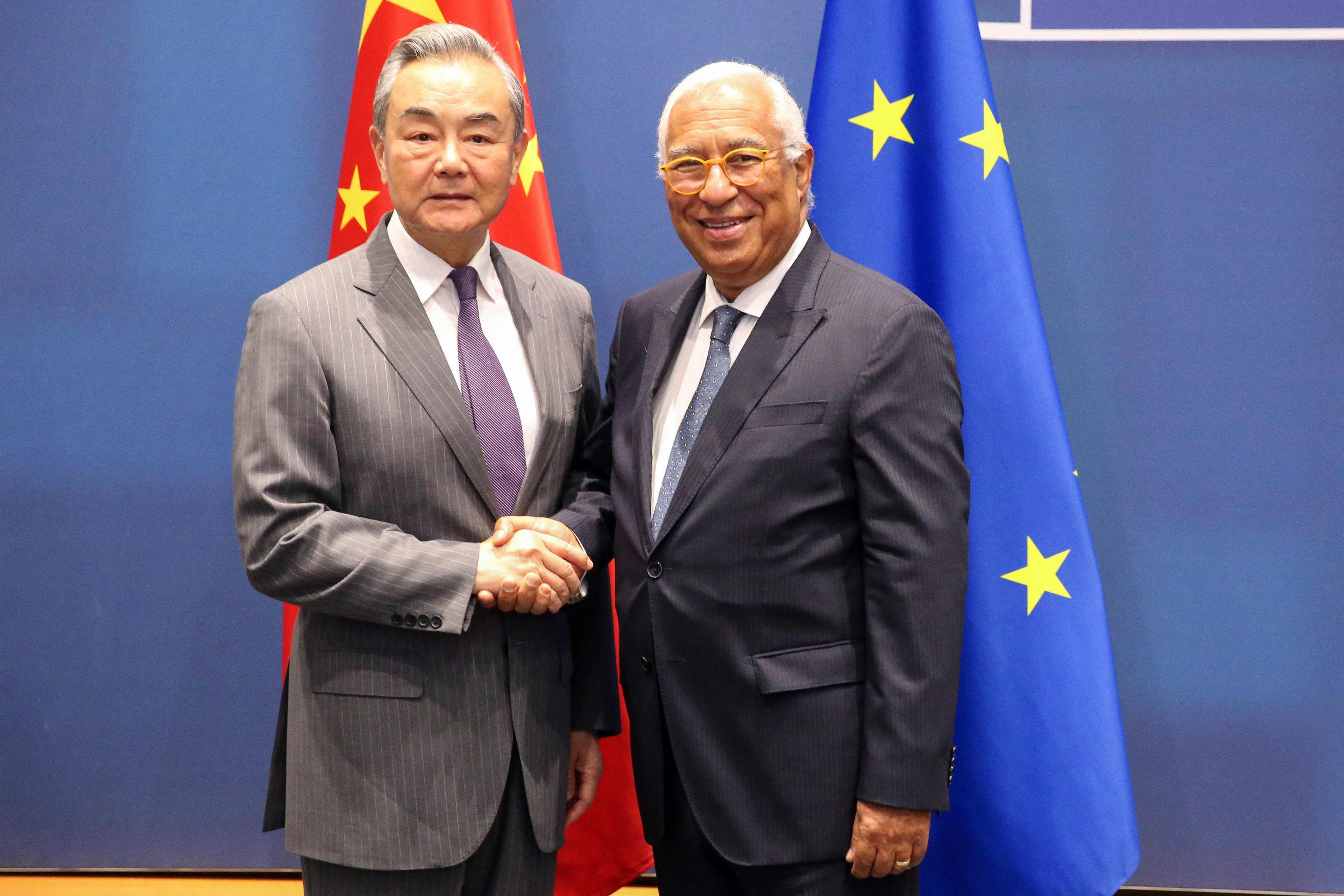 Chinese Foreign Minister Wang Yi with European Council President Antonio Costa in Brussels on Wednesday. Photo: AFP