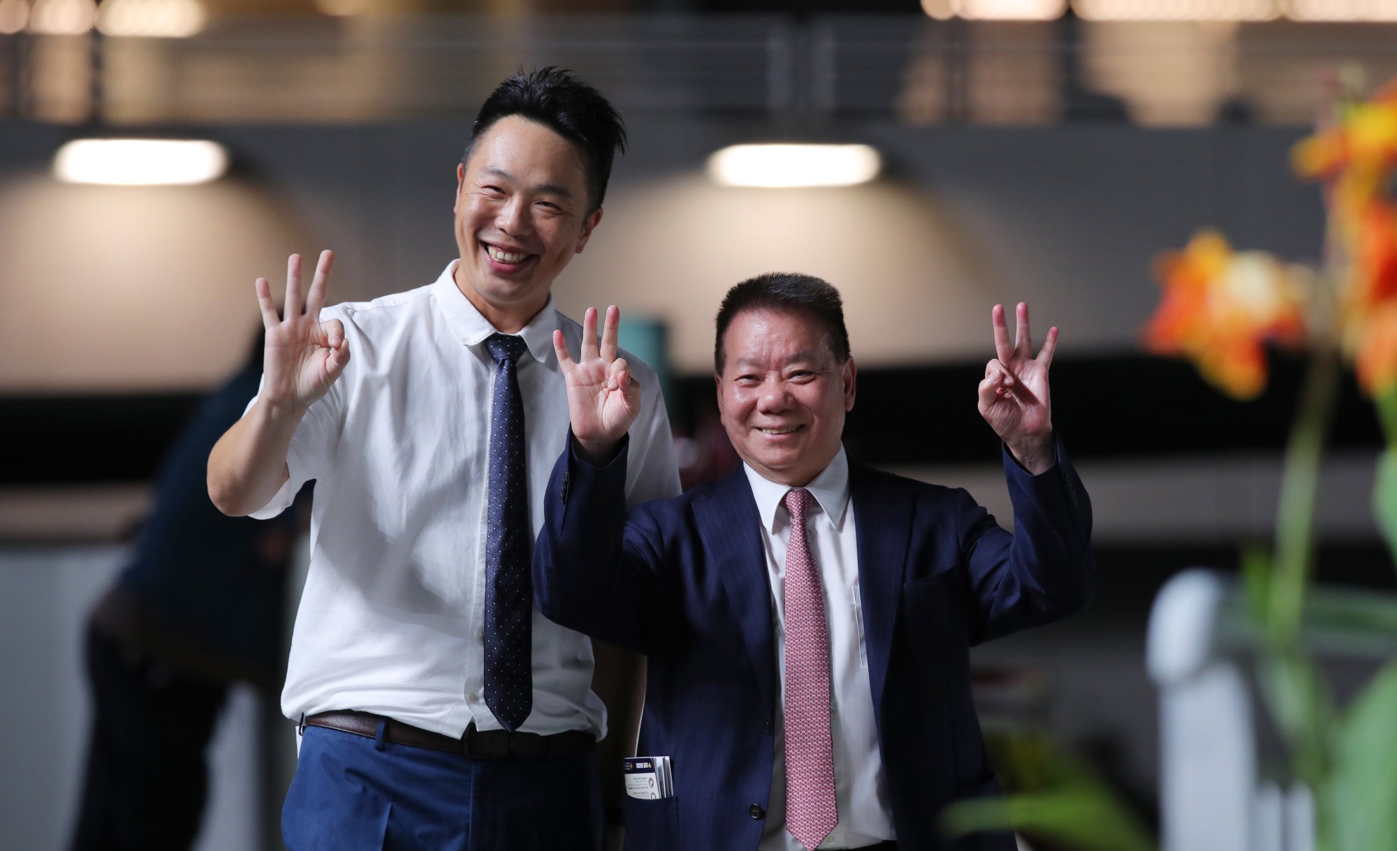 Manfred Man (right) celebrates his Tuesday three-timer.