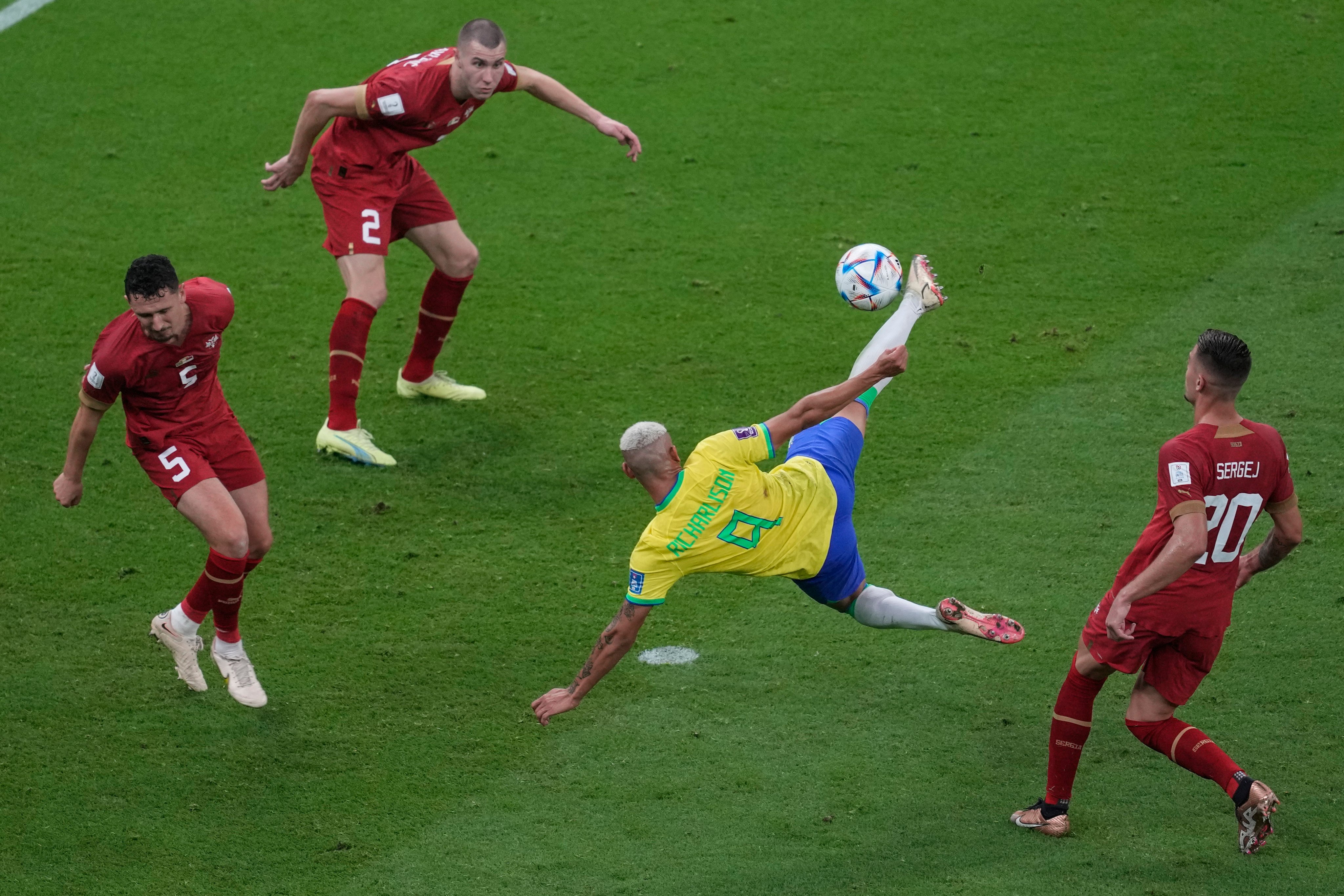 Richarlison scores the second of his two goals in Brazil’s 2-0 group stage win over Serbia at the 2022 World Cup in Qatar. Photo: AP