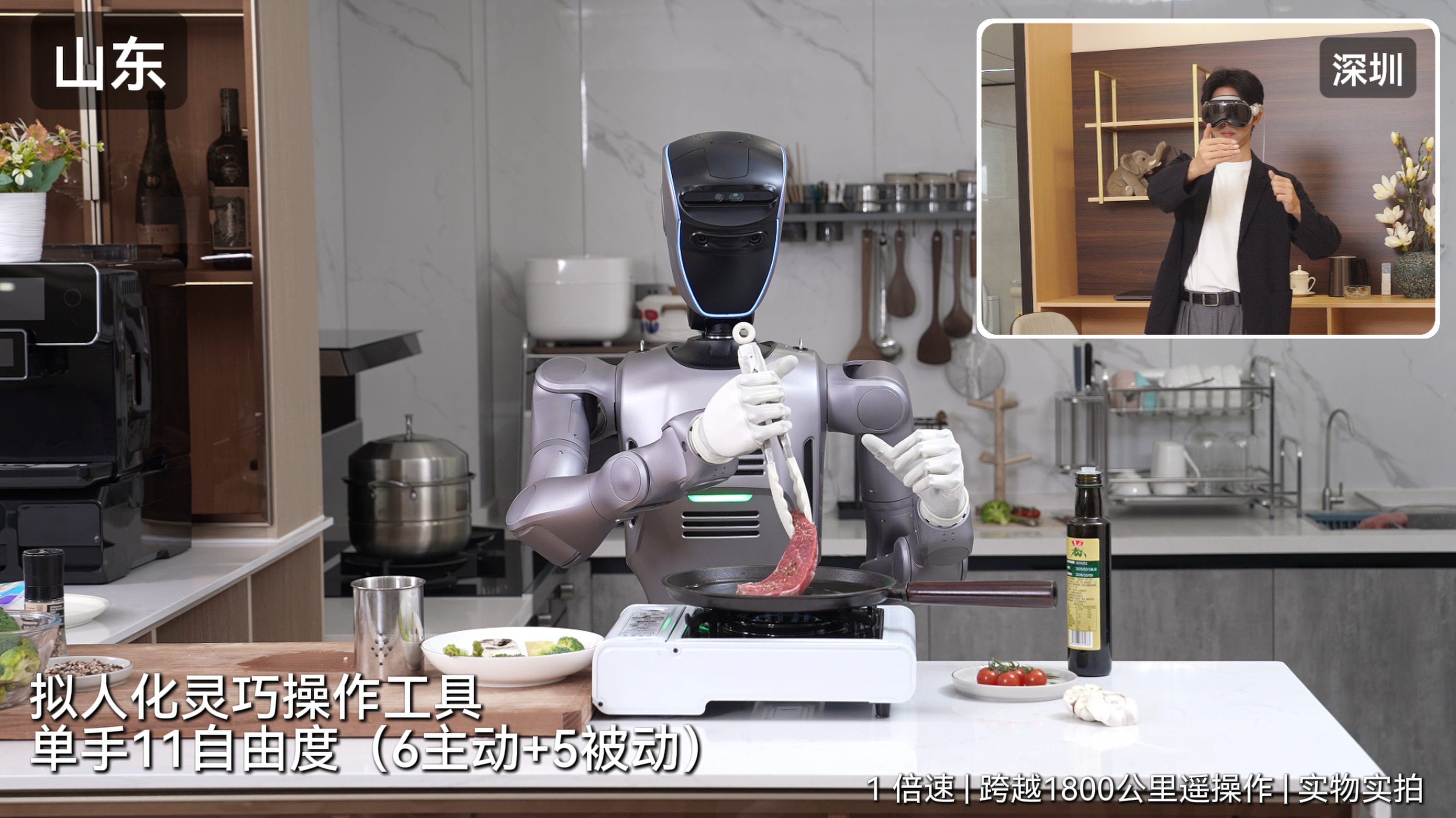 A man wearing a VR headset teleoperates a Shenzhen Dobot robot from 1,800km away. Photo: Handout