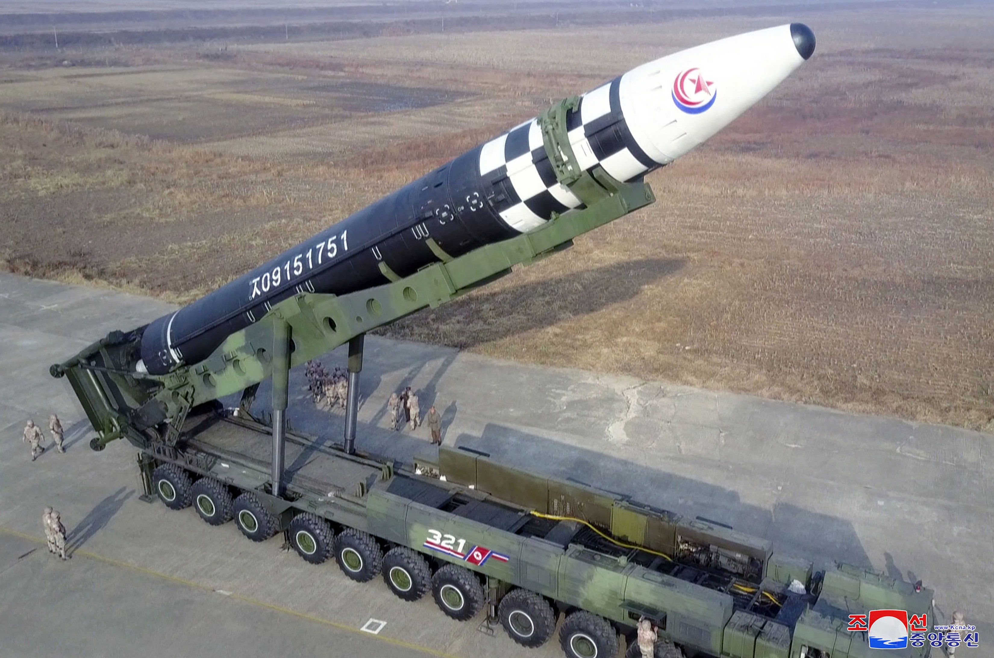 North Korea’s Hwasong-17 intercontinental ballistic missile is seen ahead of its launch, at Pyongyang International Airport in November 2022. Photo: AFP