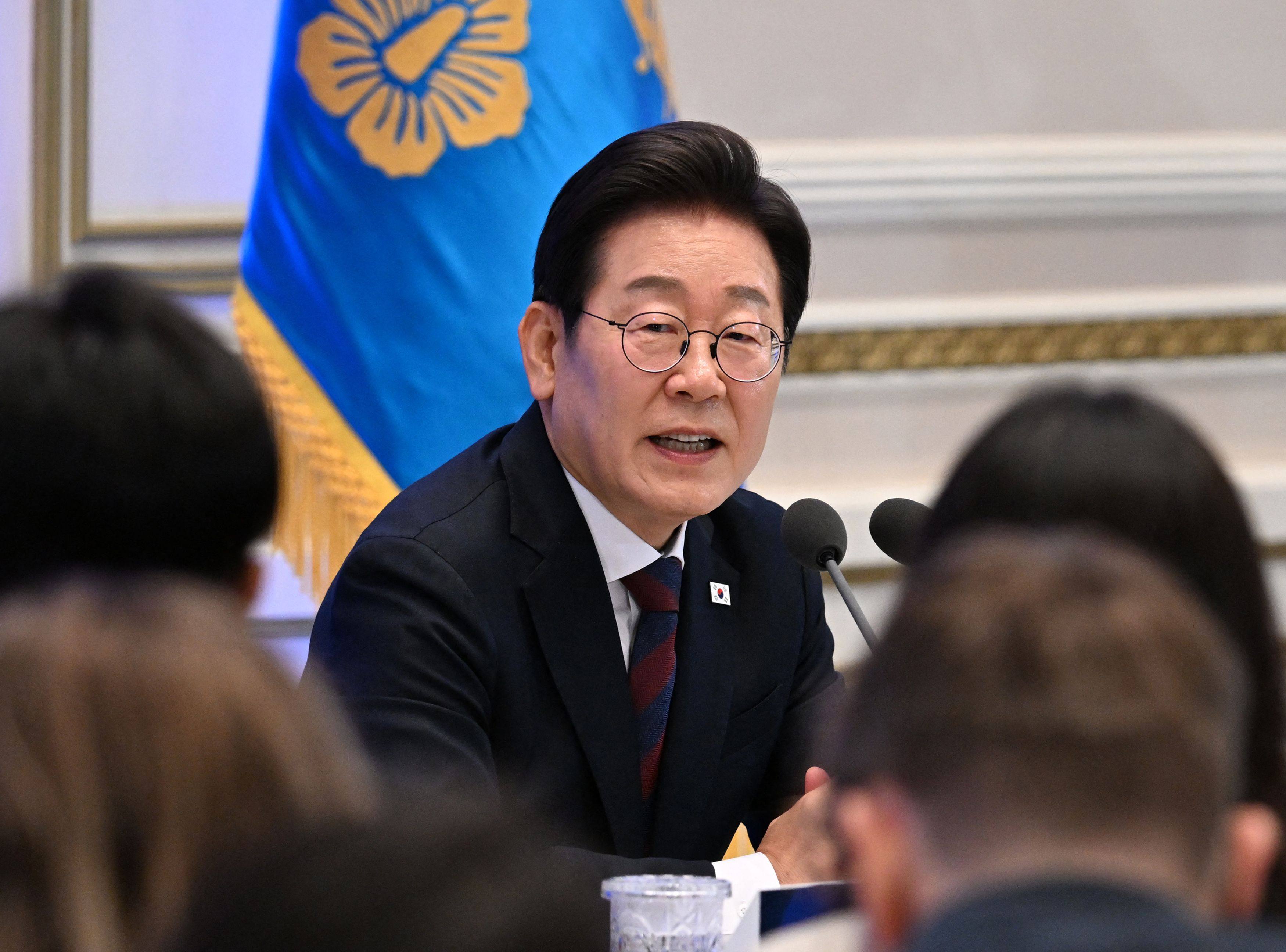 South Korean President Lee Jae-myung at a press conference to mark his first 30 days in office on Thursday. Photo: AFP