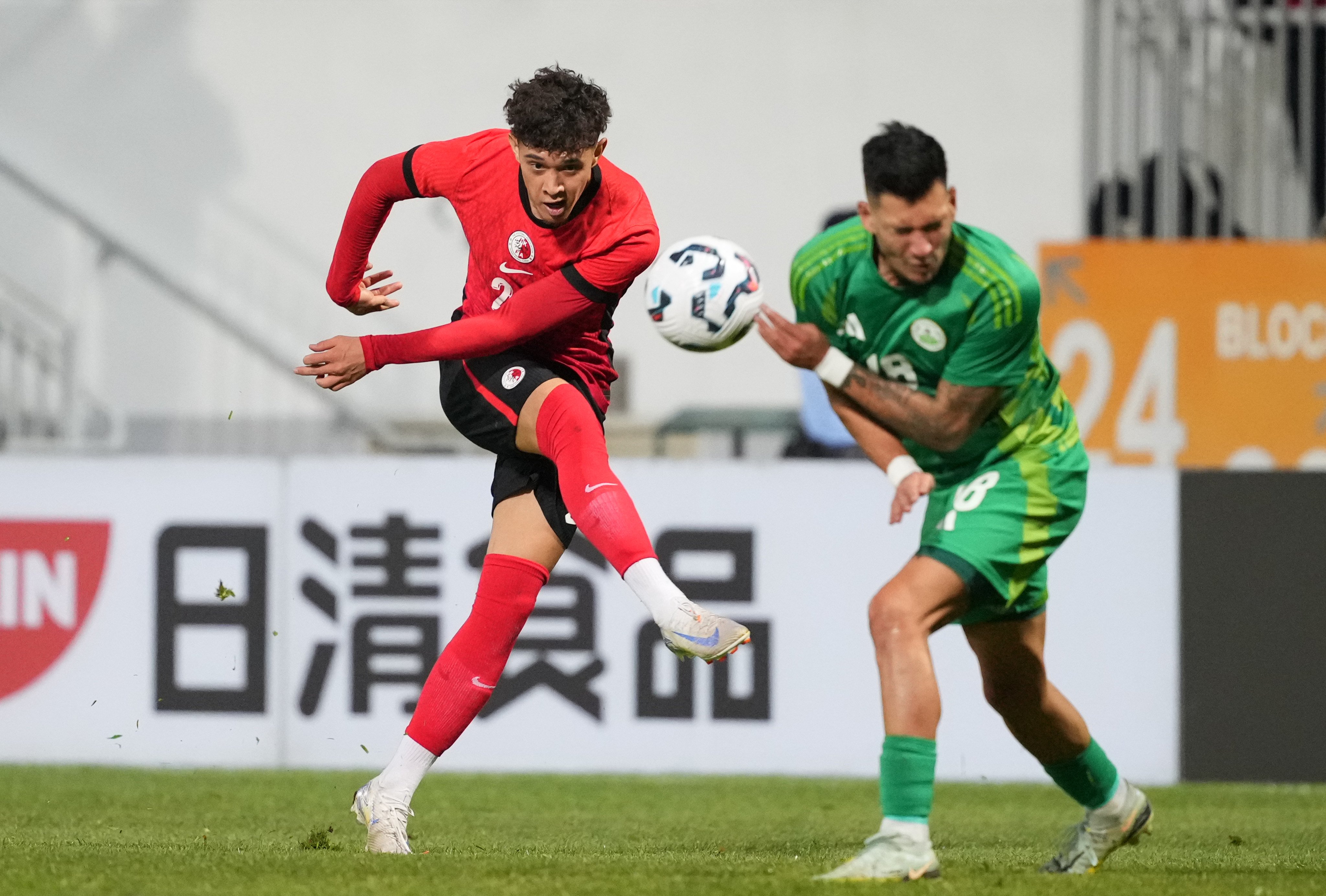 Raphael Merkies fires at goal during his official Hong Kong debut against Macau. Photo: Sam Tsang