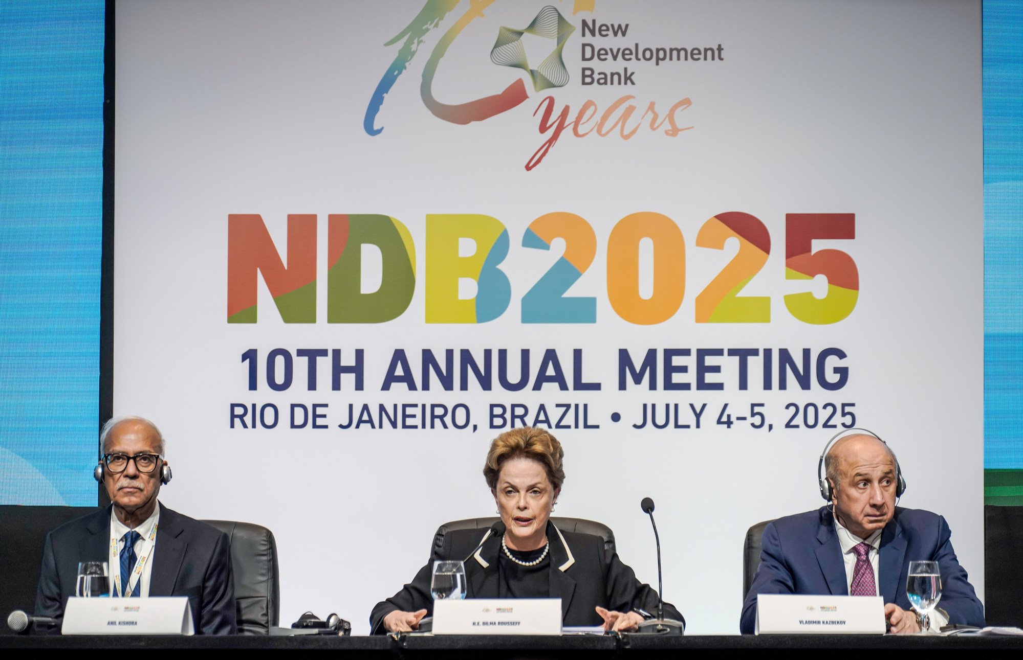 New Development Bank president Dilma Rousseff (centre) speaks during the bank’s 10th annual meeting on Saturday. Photo: Rafa Neddermeyer/Brics Brasil New Development Bank president Dilma Rousseff (centre) speaks during the bank’s 10th annual meeting on Saturday. Photo: Rafa Neddermeyer/Brics Brasil