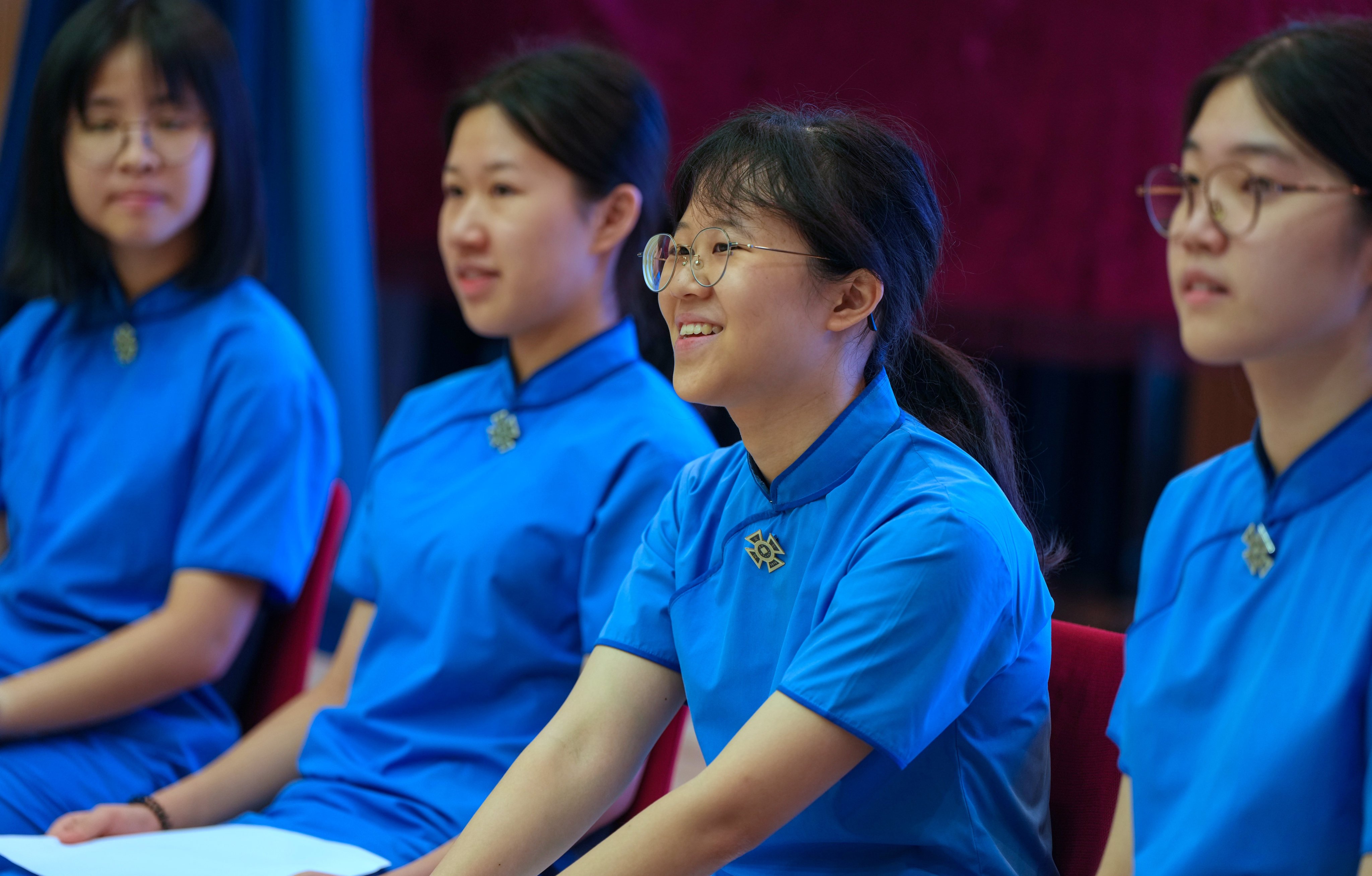Kristen Lo (second from the right) was the only student from St Paul’s Co-Educational College to achieve a perfect score of 45. Photo: Sam Tsang