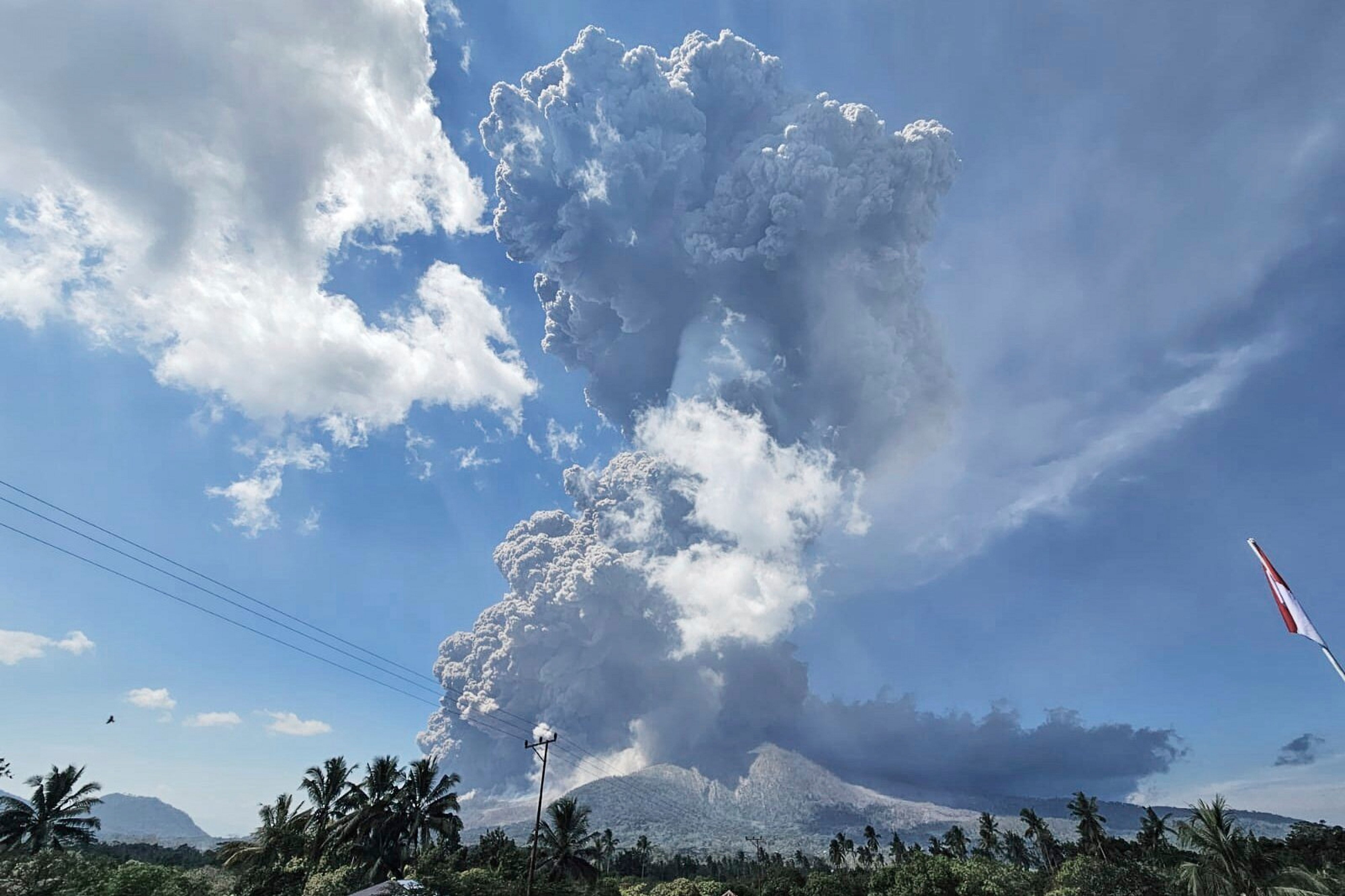 Mount Lewotobi Laki-Laki spews volcanic materials during an eruption on Monday. Photo: Badan Geologi / AP