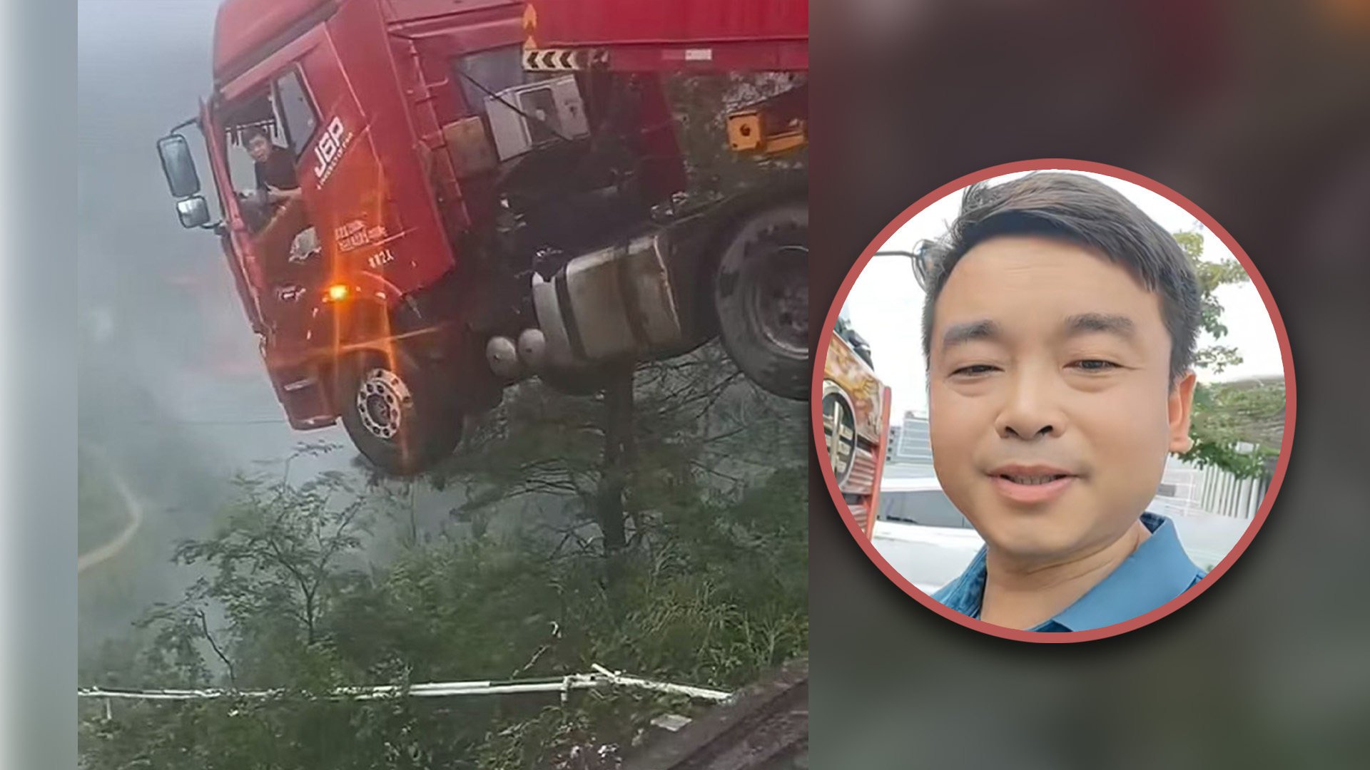A man, known as China’s “luckiest driver,” managed to survive even as half of his truck hung precariously from a collapsed bridge following a landslide. Photo: SCMP composite/Douyin