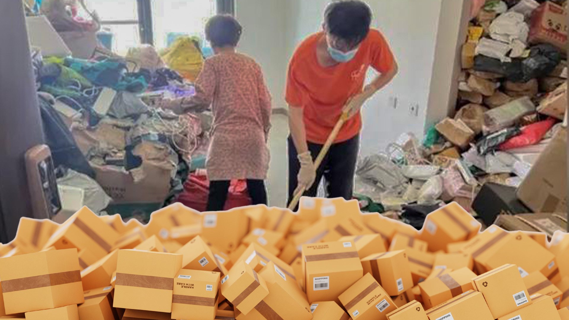 An elderly woman in China has spent US$280,000 online shopping due to an addiction which has left unopened packages stacked ceiling-high at her home. Photo: SCMP composite/Shutterstock/Douyin&#xA;