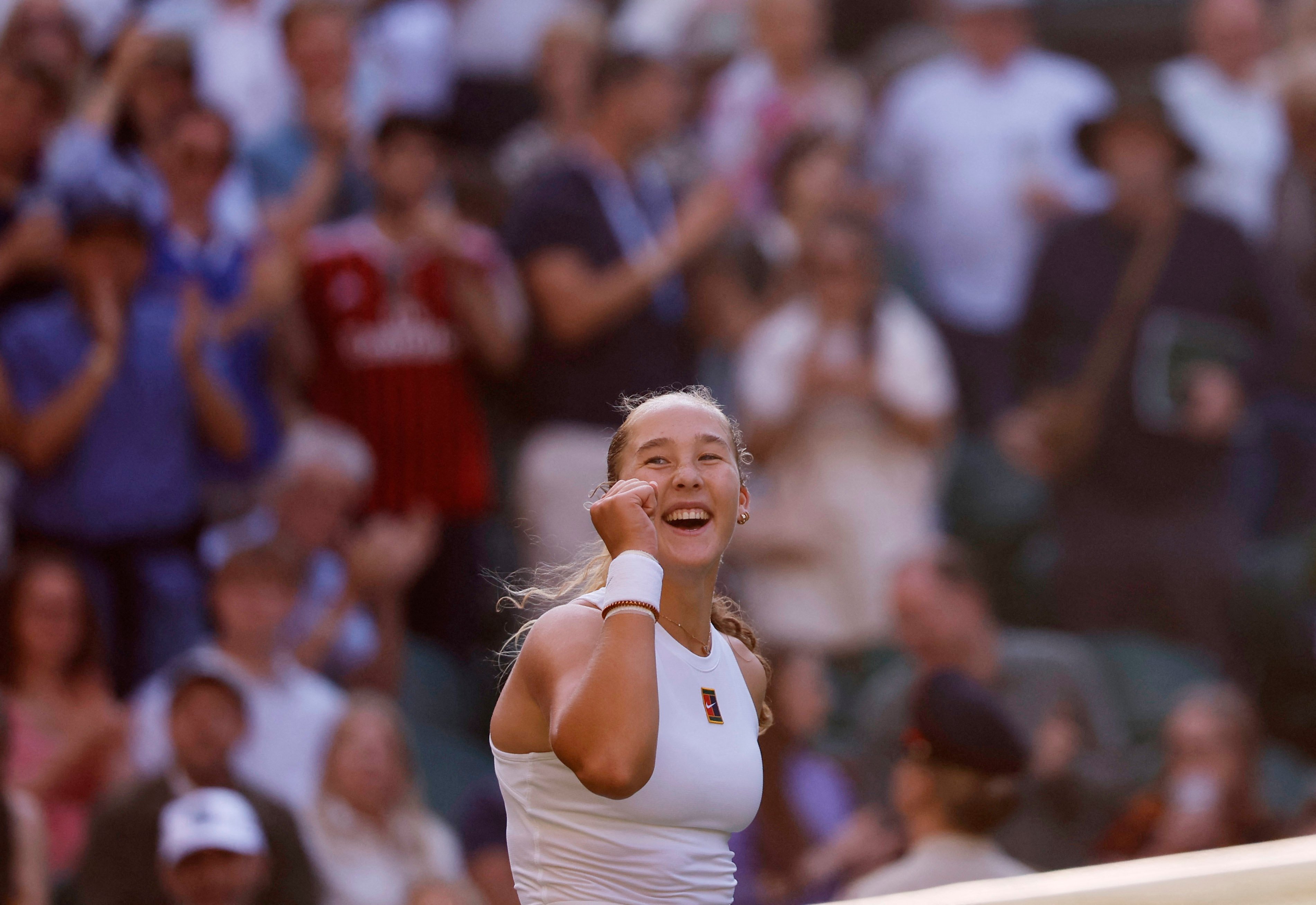 Russia’s Mirra Andreeva celebrates winning her match against Emma Navarro of the US on July 7. Photo: Reuters