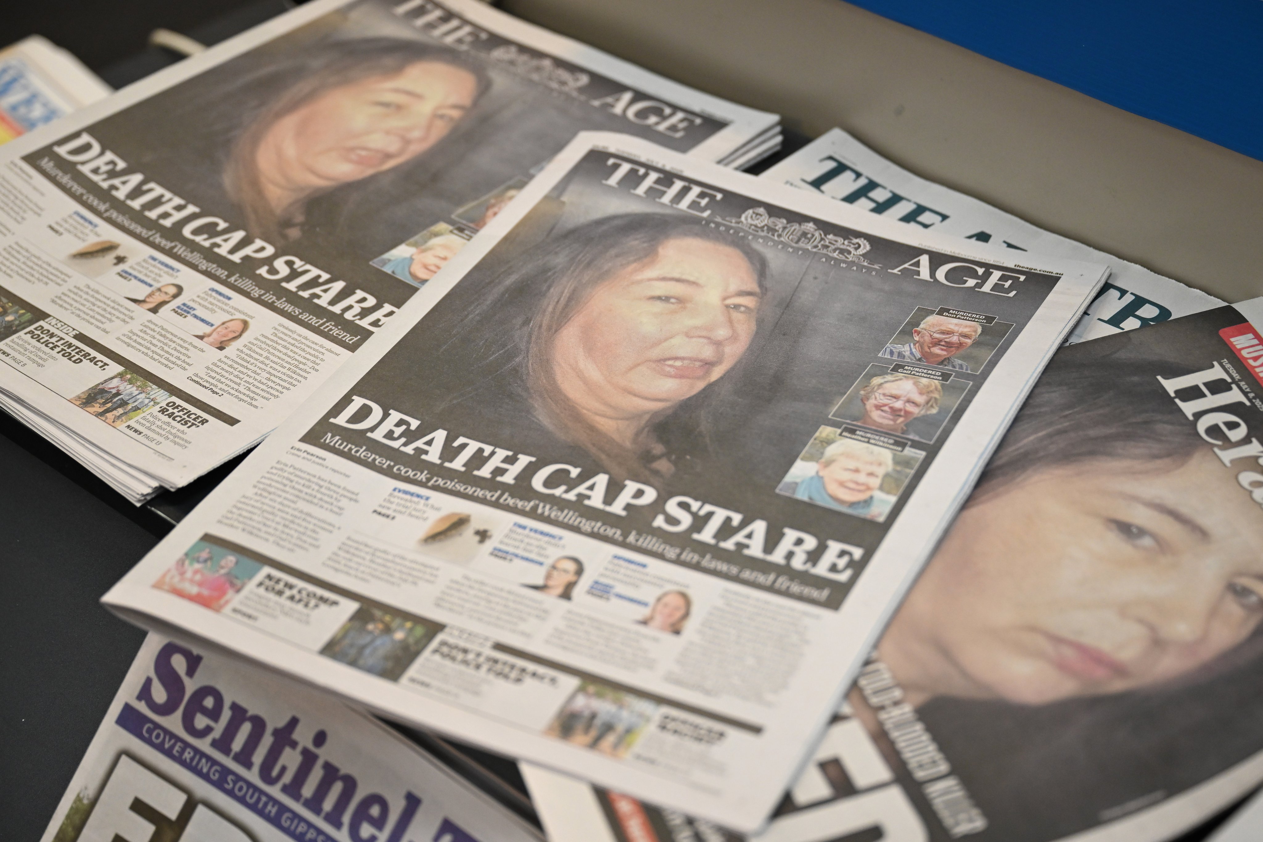The front cover of newspapers in Victoria, Australia. Erin Patterson, the Australian woman who served poisonous mushrooms for lunch to her estranged husband’s relatives, has been found guilty of three murders and one attempted murder.  Photo: EPA